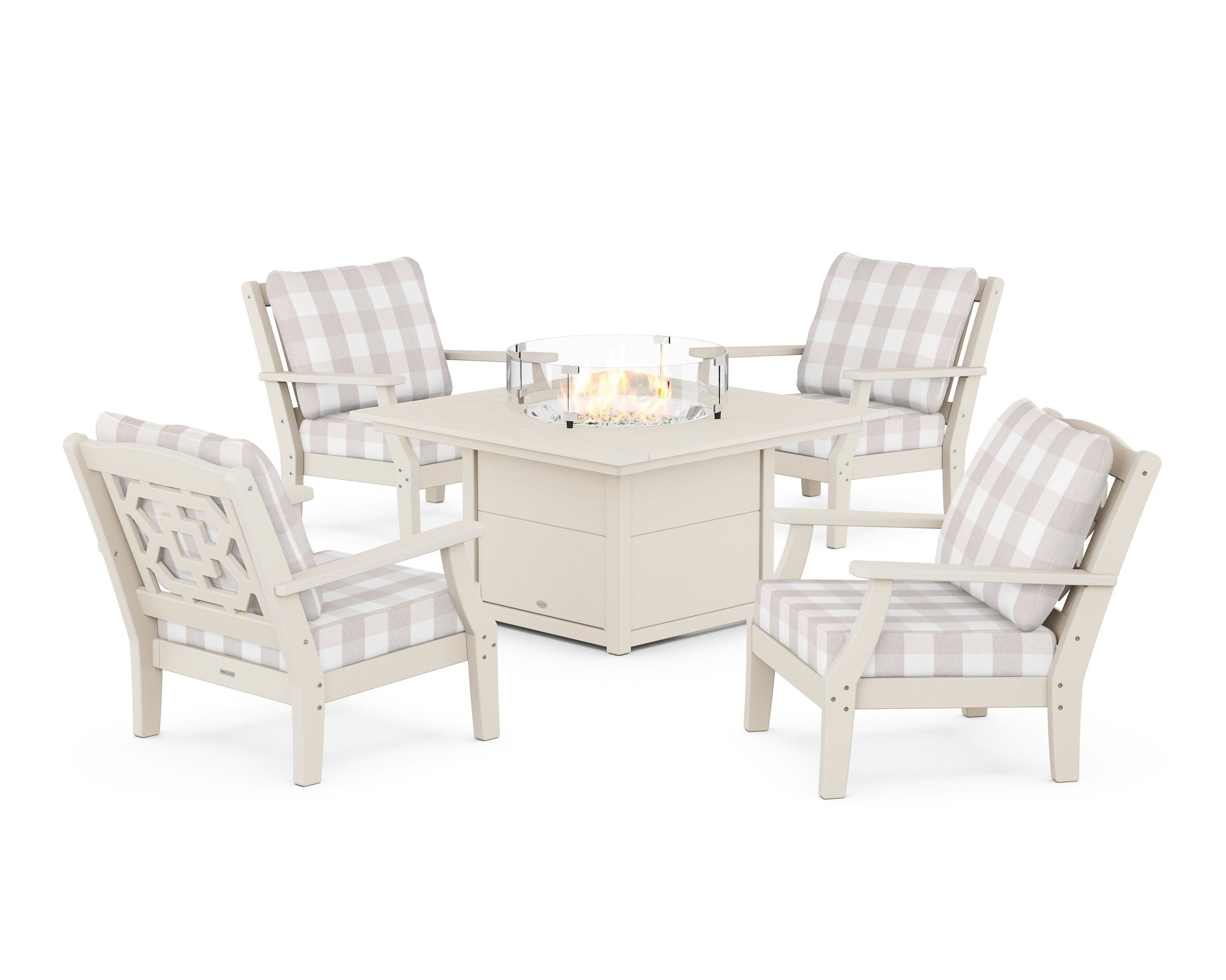 Chinoiserie 5-Piece Deep Seating Set with Fire Pit Table in Sand / Buffalo Plaid Dune Burlap