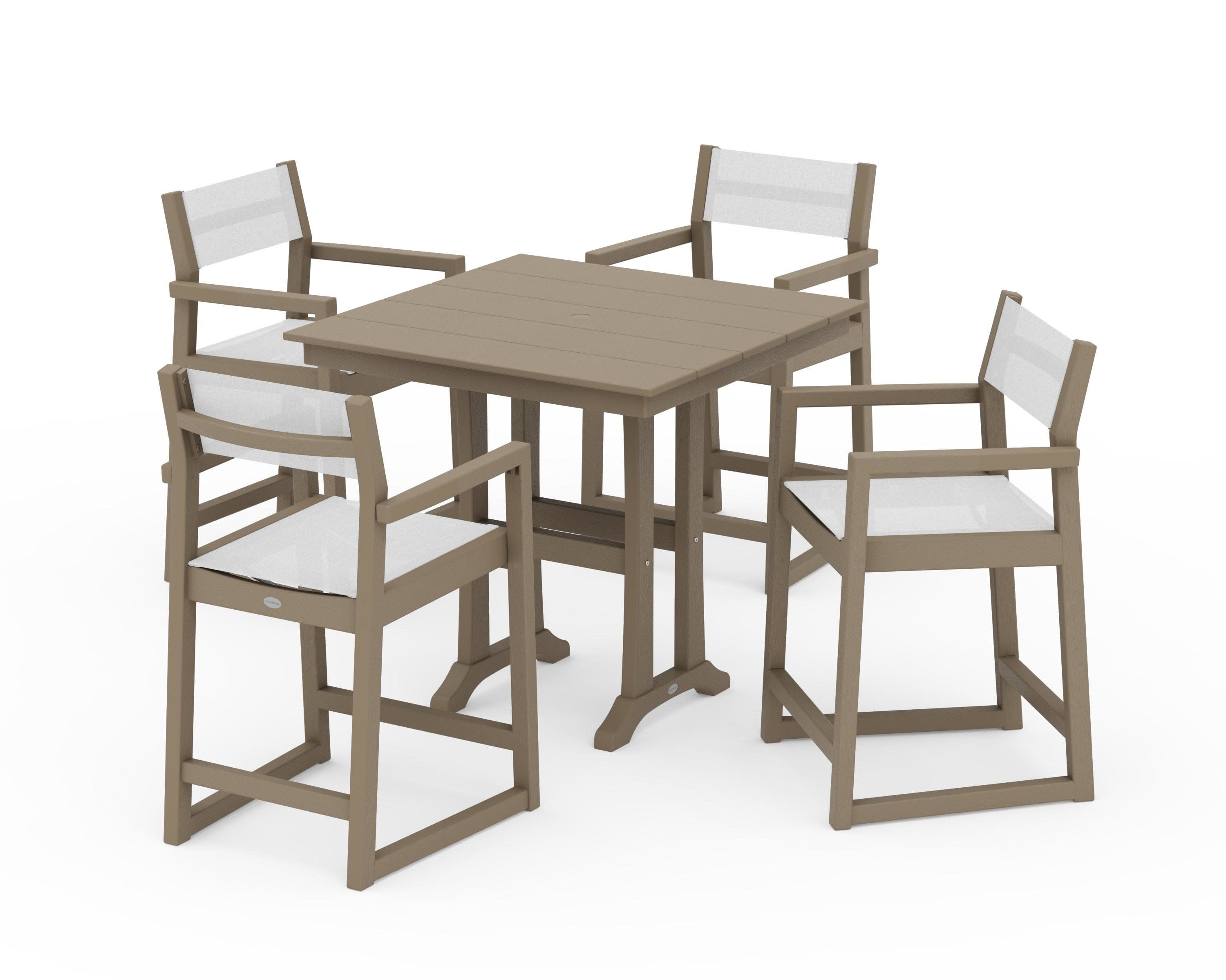 EDGE Sling Arm Chair 5-Piece Farmhouse Counter Set with Trestle Legs in Vintage Sahara / White Sling