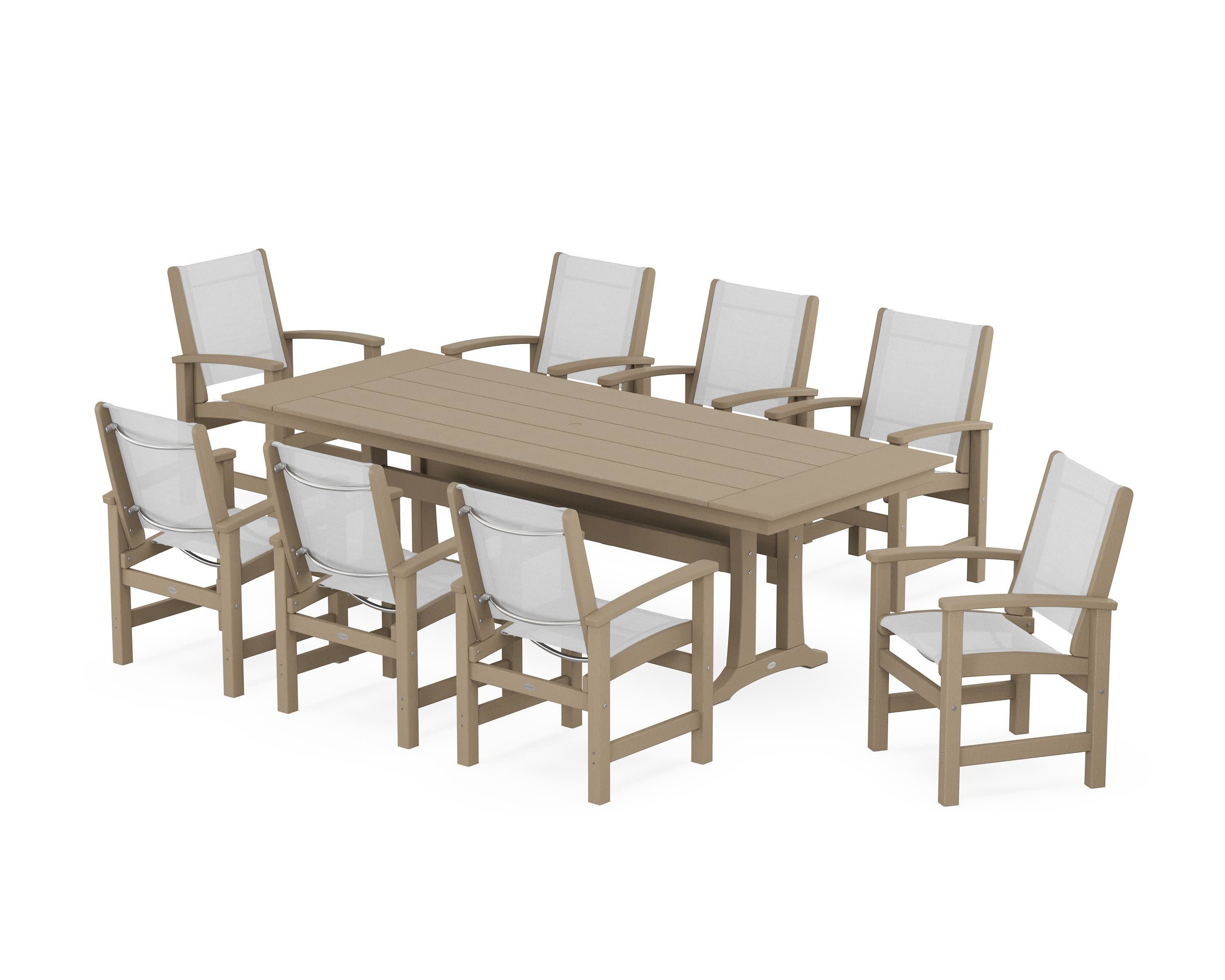 Coastal 9-Piece Farmhouse Dining Set with Trestle Legs in Vintage Sahara / White Sling