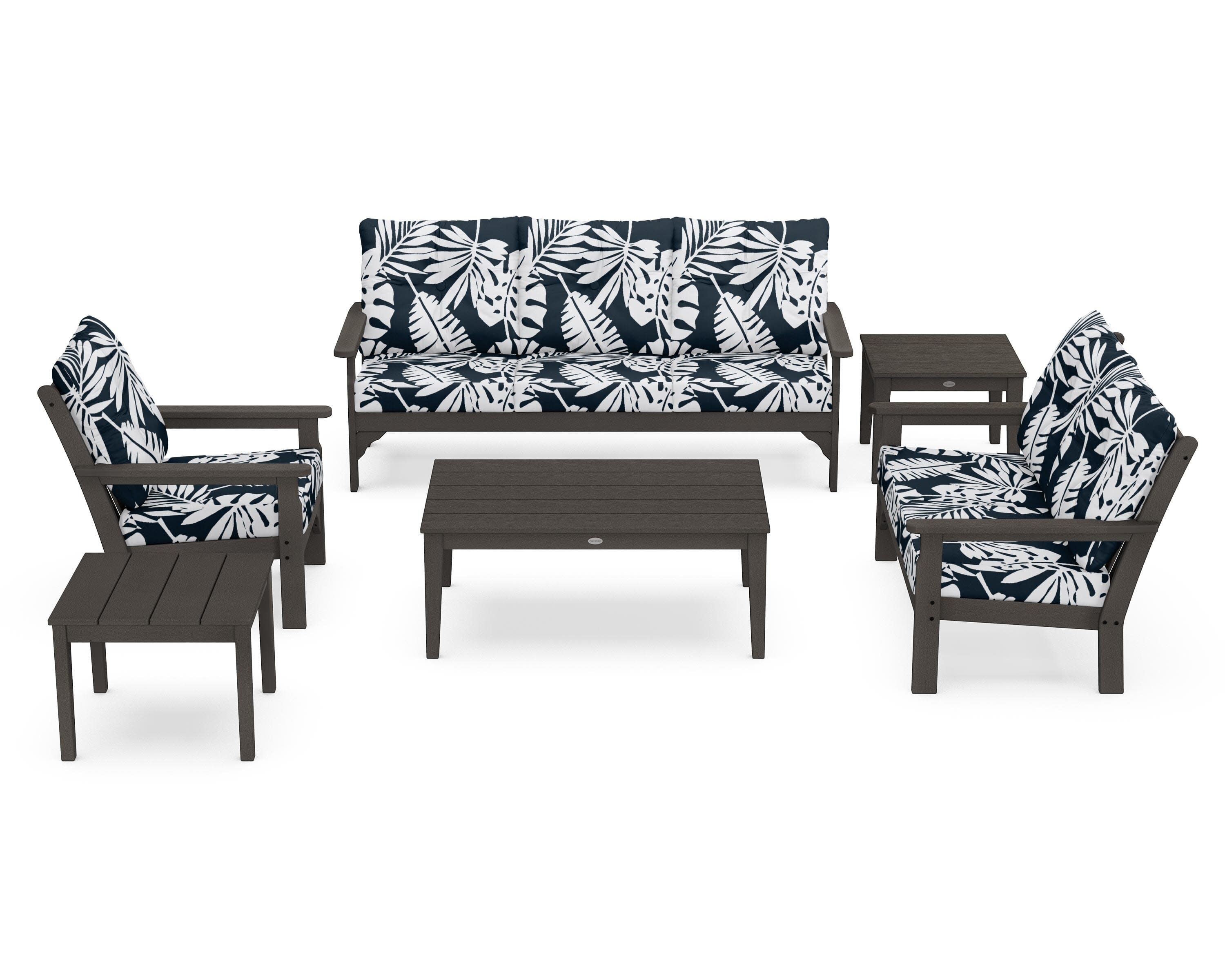 Vineyard 6-Piece Deep Seating Set in Vintage Coffee / Leaf Marine Indigo