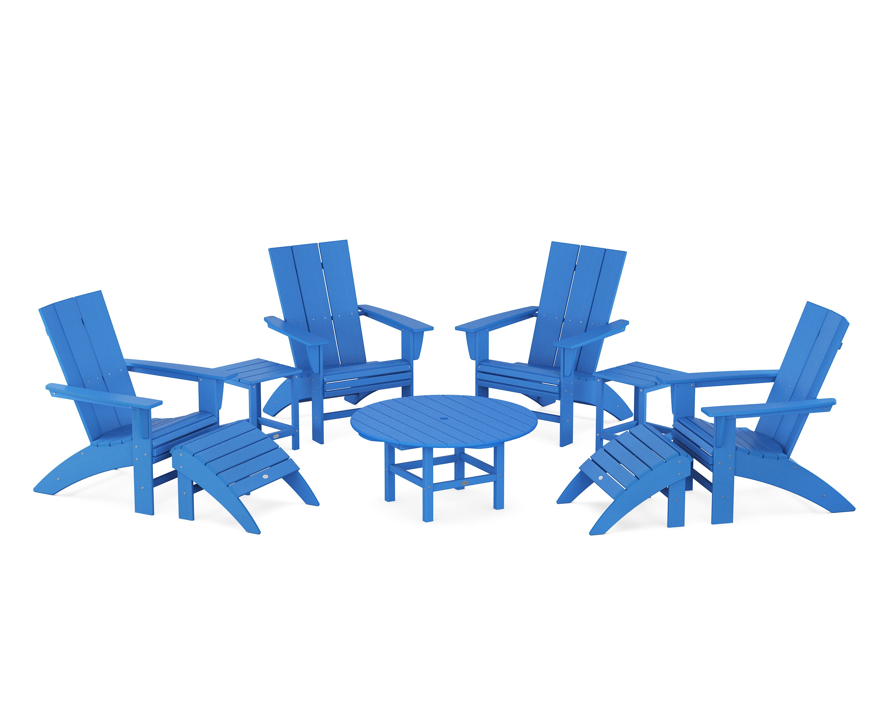 Modern Curveback Adirondack Chair 9-Piece Conversation Set in Pacific Blue