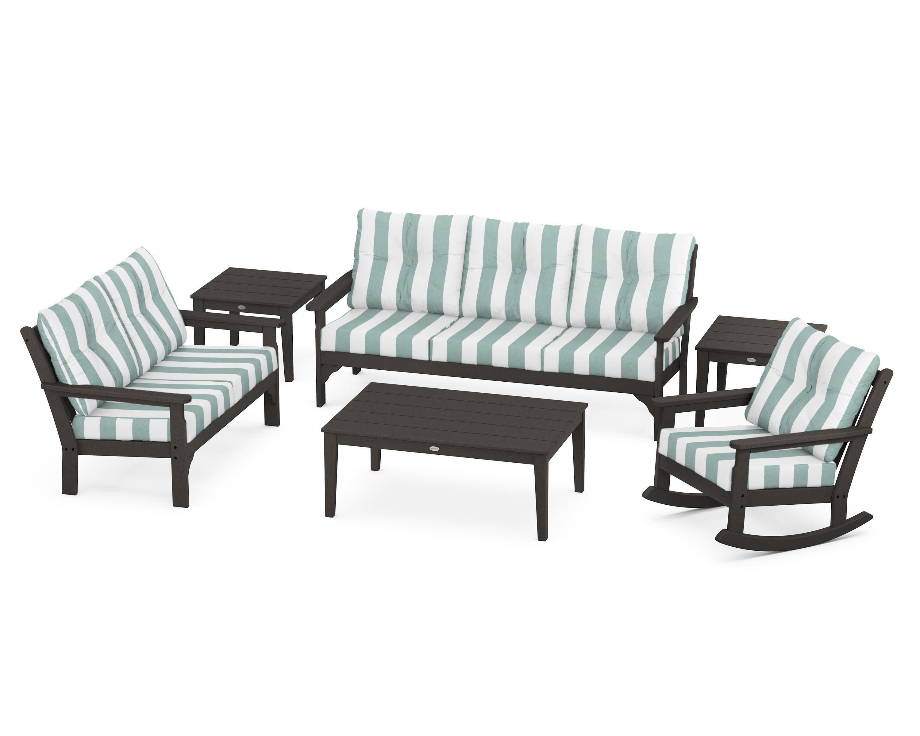 Vineyard 6-Piece Deep Seating Set in Vintage Coffee / Cabana Stripe Glacier Spa