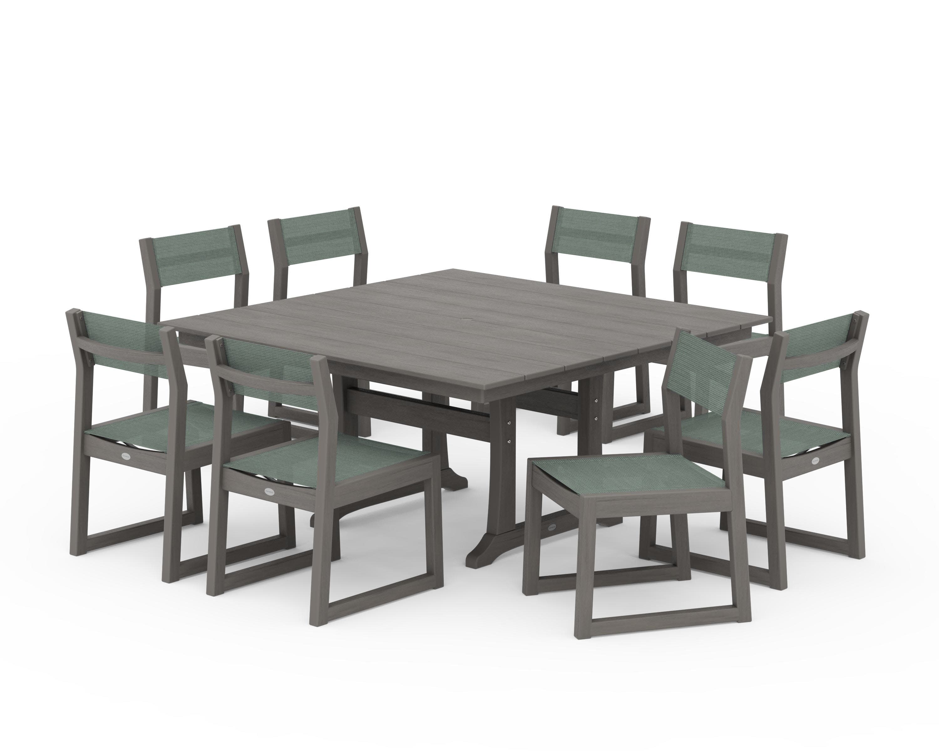 EDGE Sling Side Chair 9-Piece Farmhouse Trestle Dining Set in Driftwood / Dupioni Sea Mist Sling