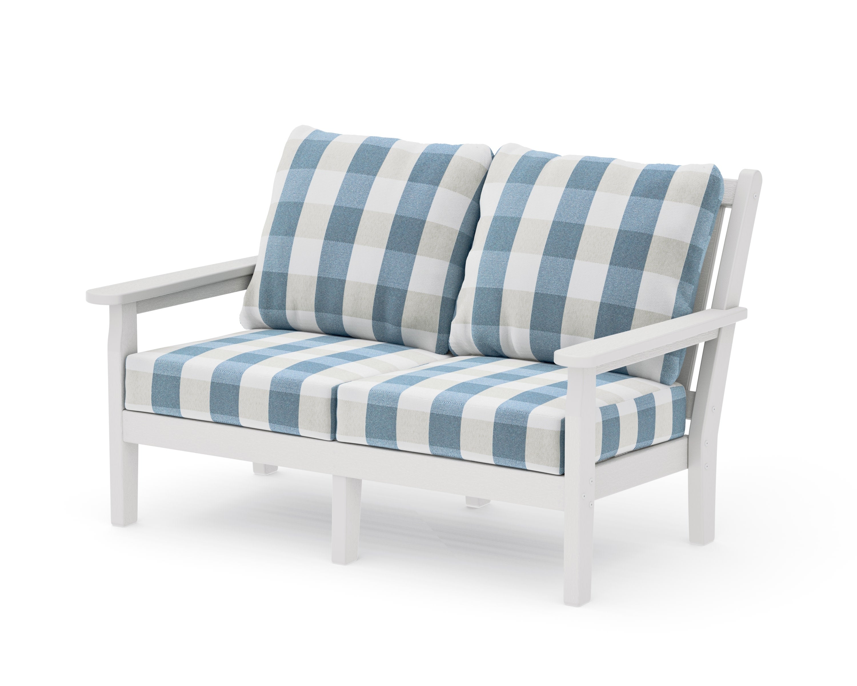 Chippendale Deep Seating Loveseat in Vintage White / Buffalo Plaid Sky Blue