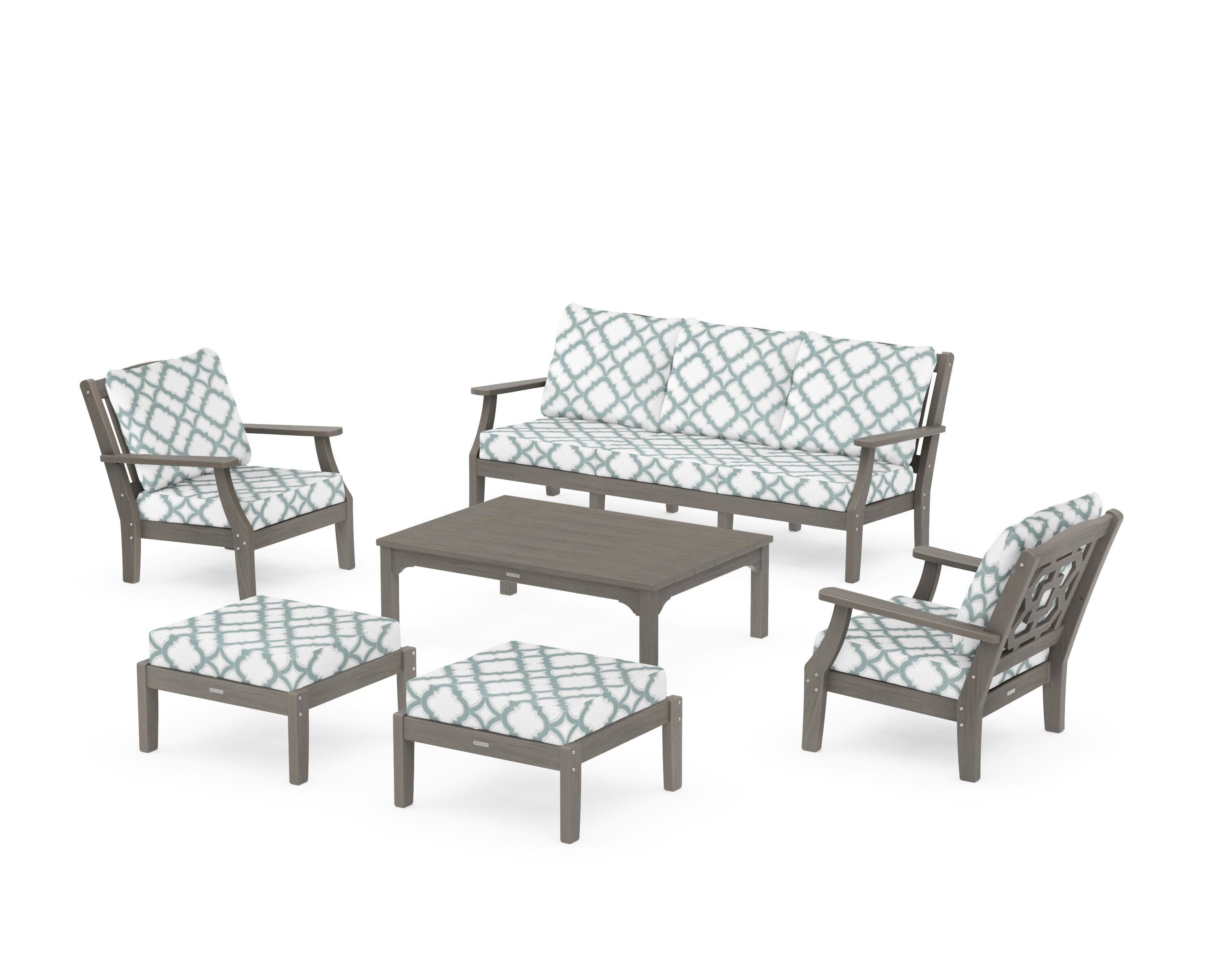 Chinoiserie 6-Piece Lounge Sofa Set in Driftwood / Trellis Glacier Spa