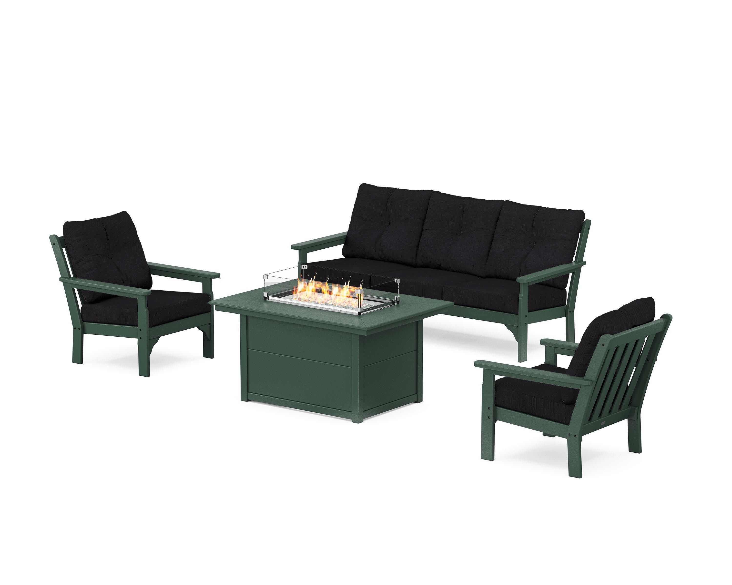 Vineyard Deep Seating Fire Pit Table Set in Green / Midnight Linen