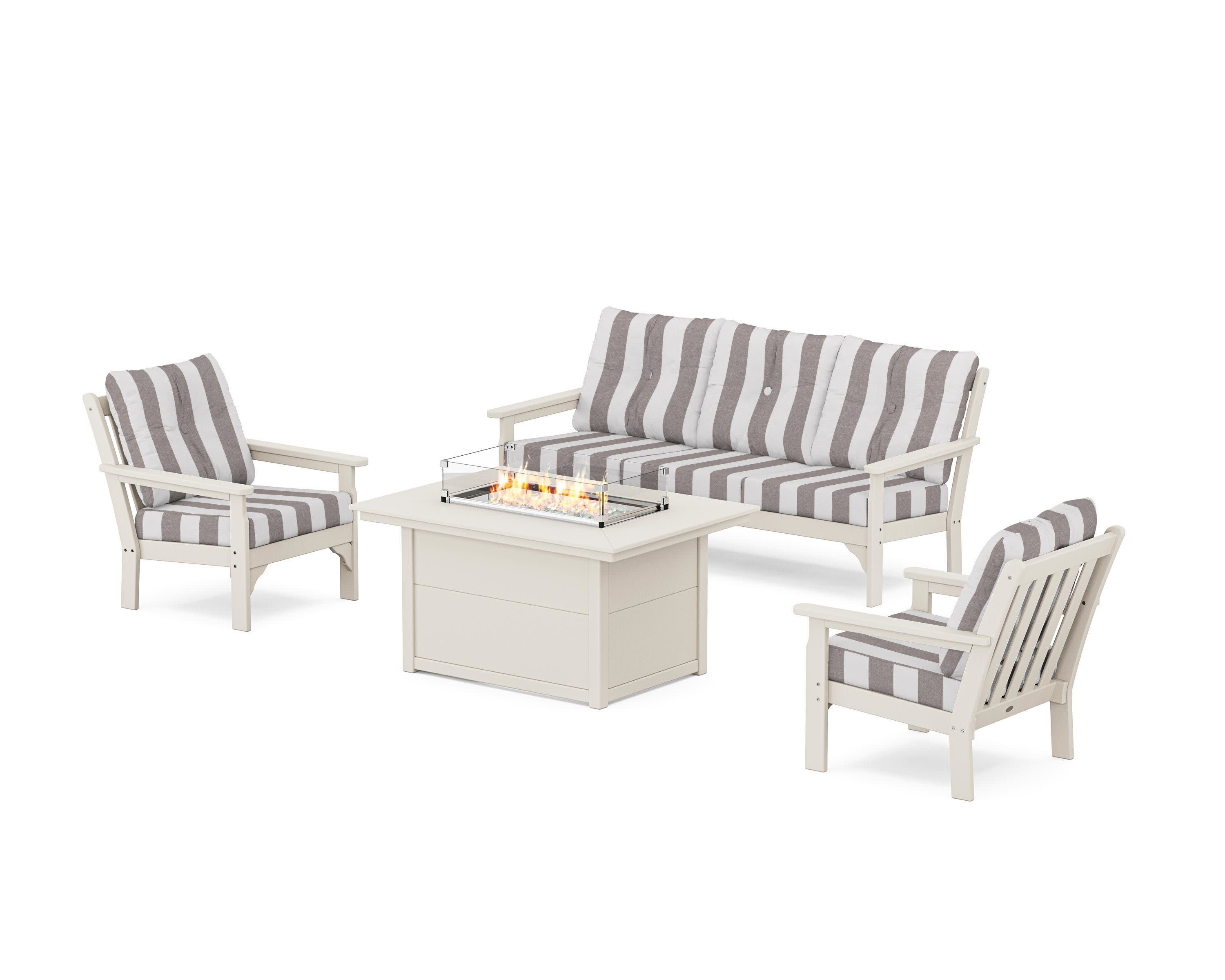 Vineyard Deep Seating Fire Pit Table Set in Sand / Cabana Stripe Grey Mist