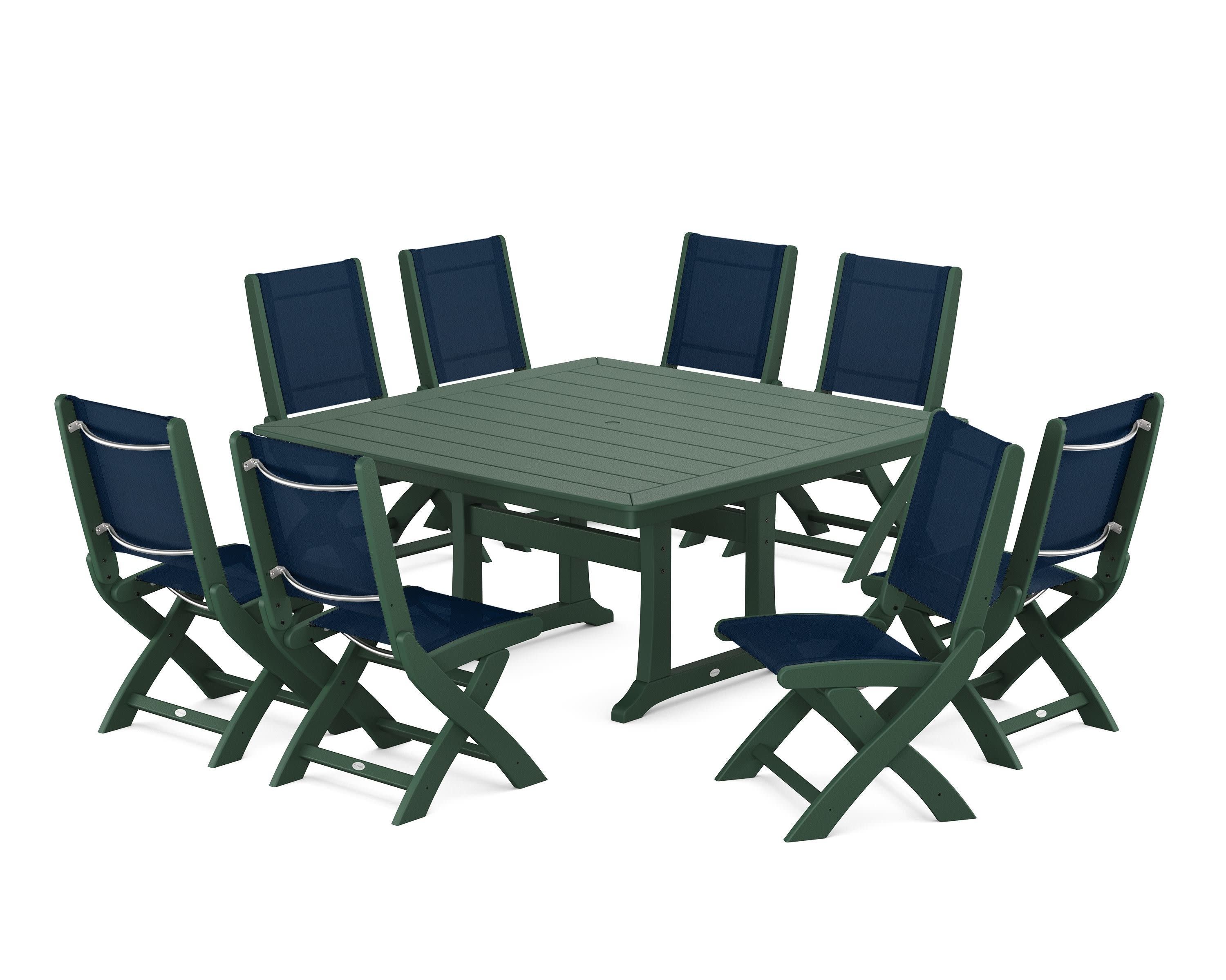 Coastal Folding Side Chair 9-Piece Dining Set with Trestle Legs in Green / Navy Blue Sling