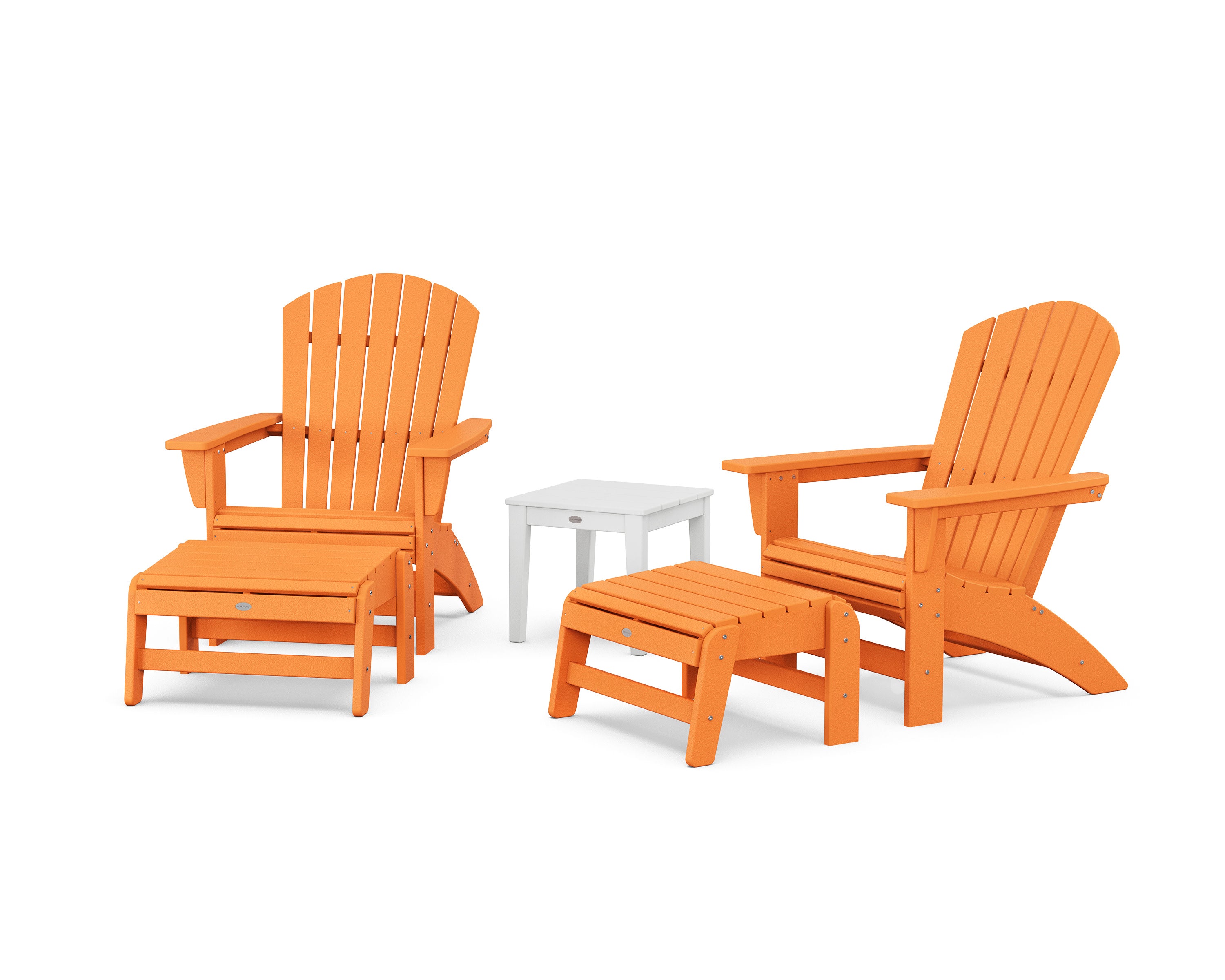 5-Piece Nautical Grand Adirondack Set with Ottomans and Side Table in Tangerine / White