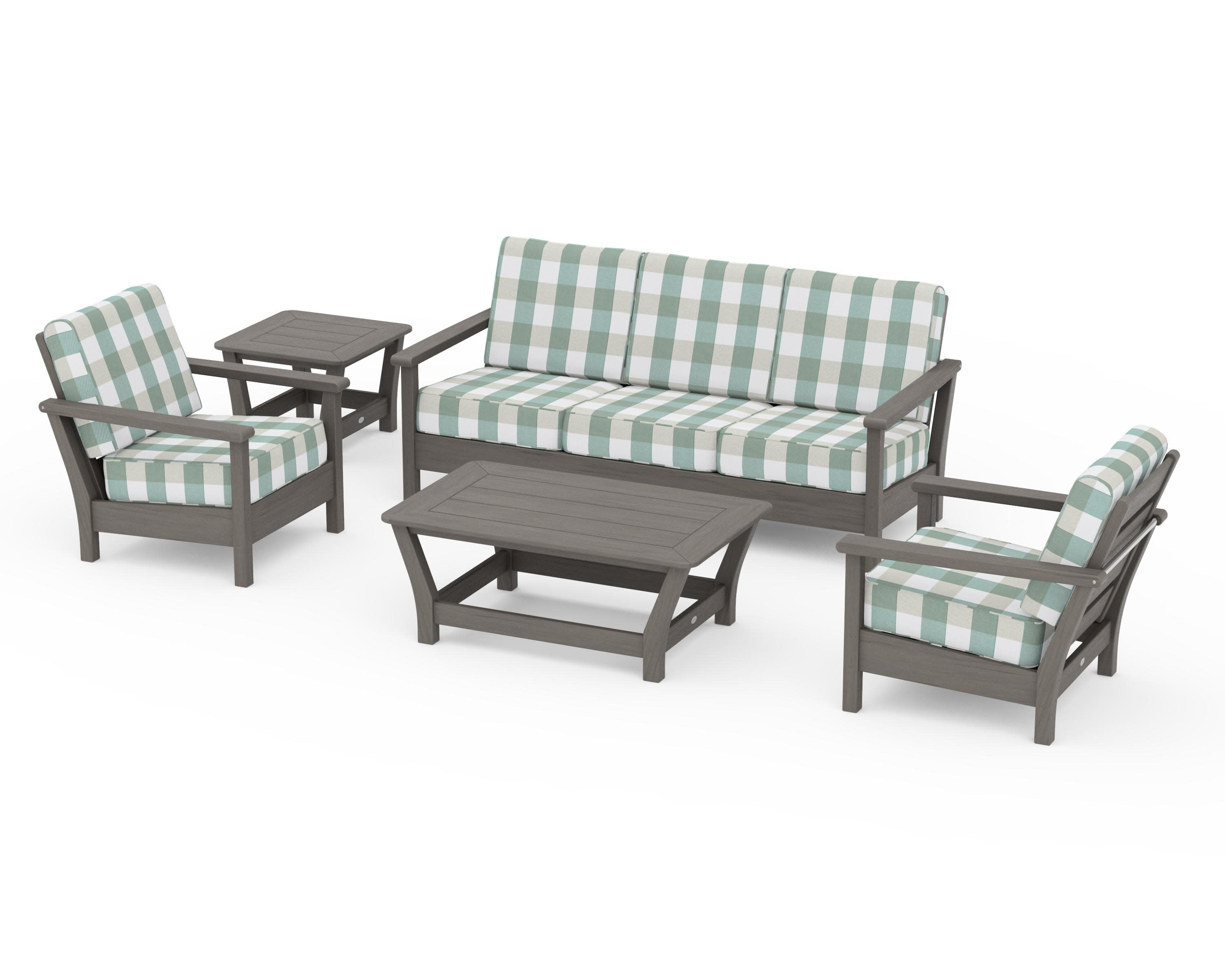 Harbour 5-Piece Deep Seating Set in Driftwood / Buffalo Plaid Glacier Spa