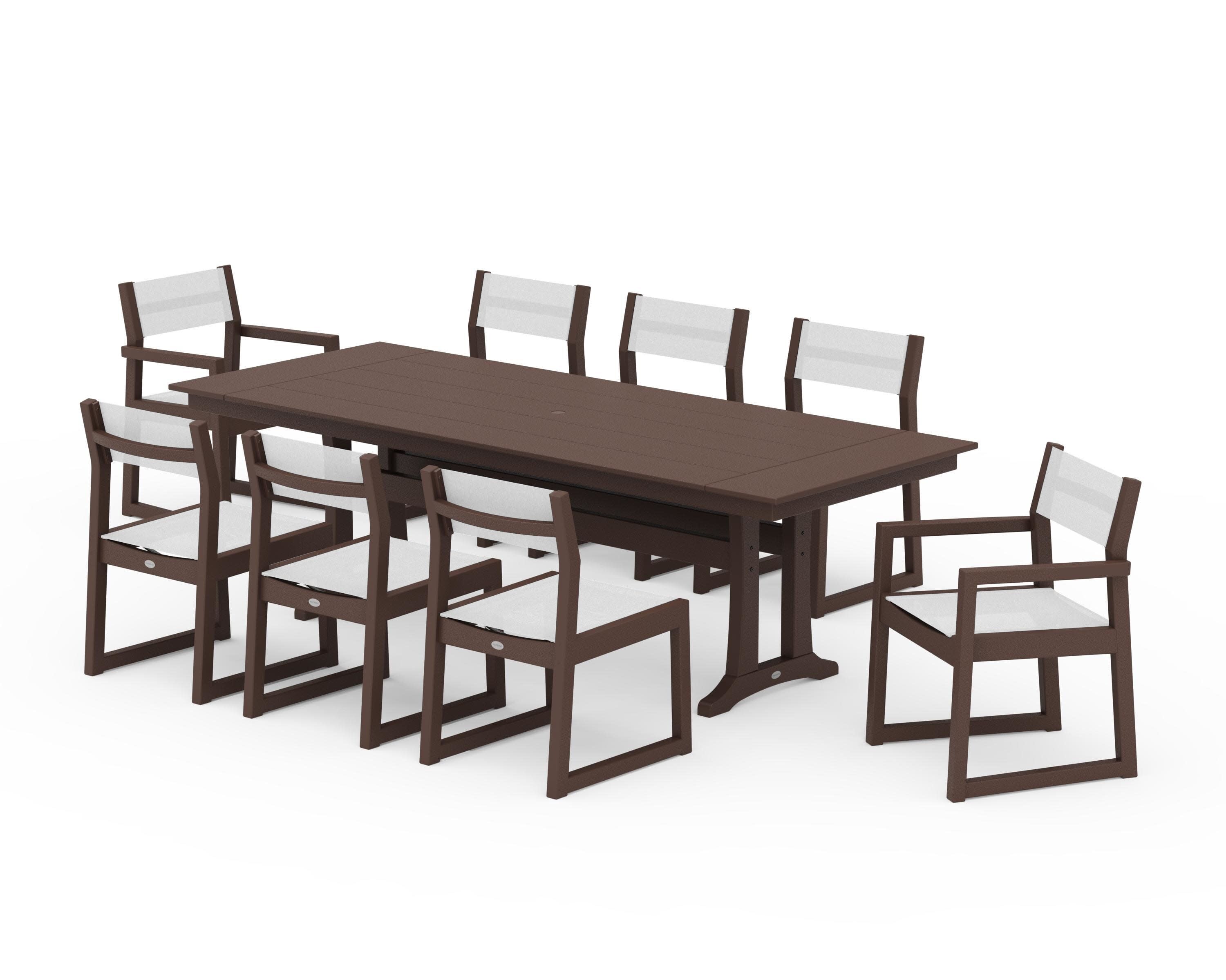EDGE Sling 9-Piece Farmhouse Trestle Dining Set in Mahogany / White Sling
