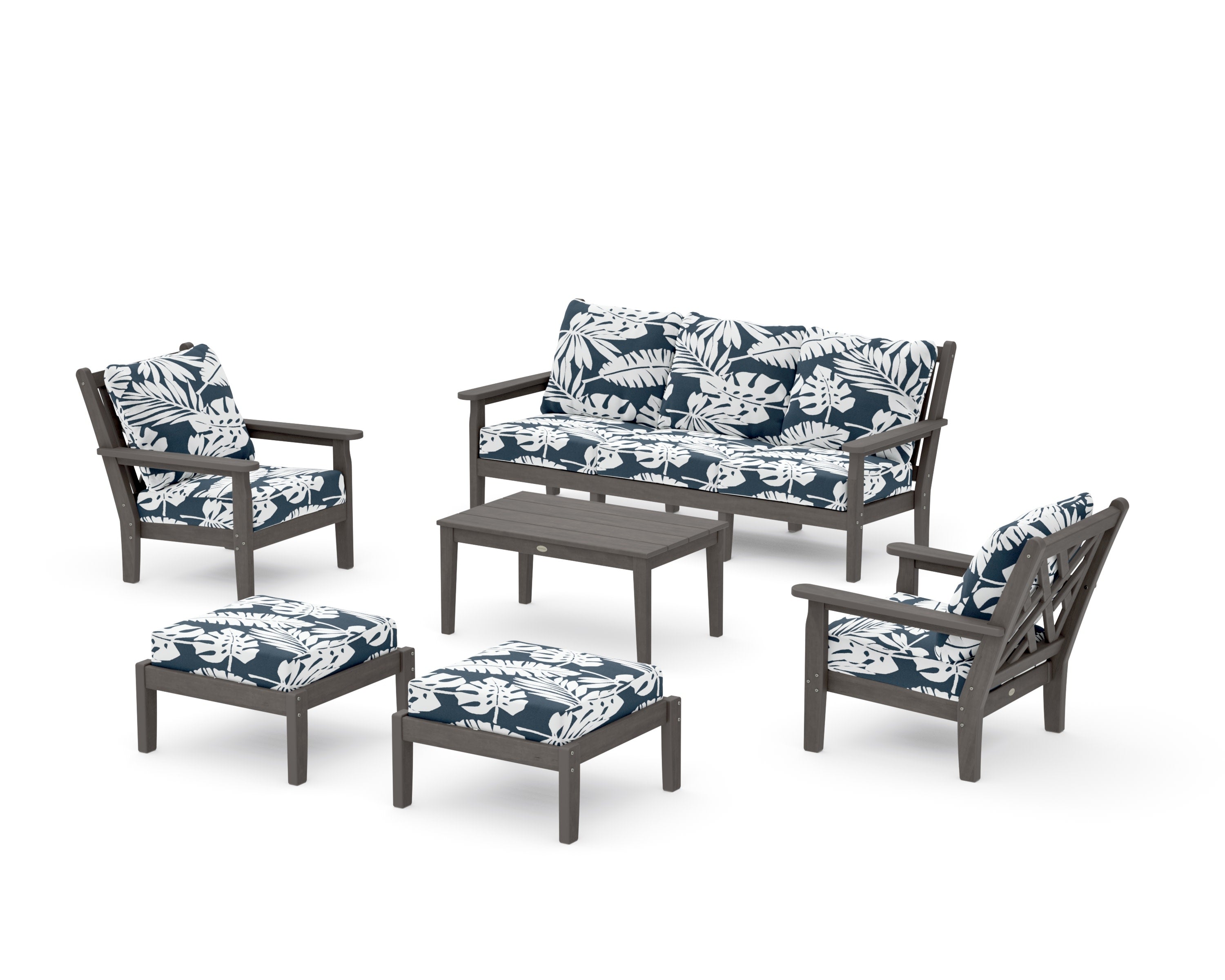 Chippendale 6-Piece Lounge Sofa Set in Driftwood / Leaf Marine Indigo