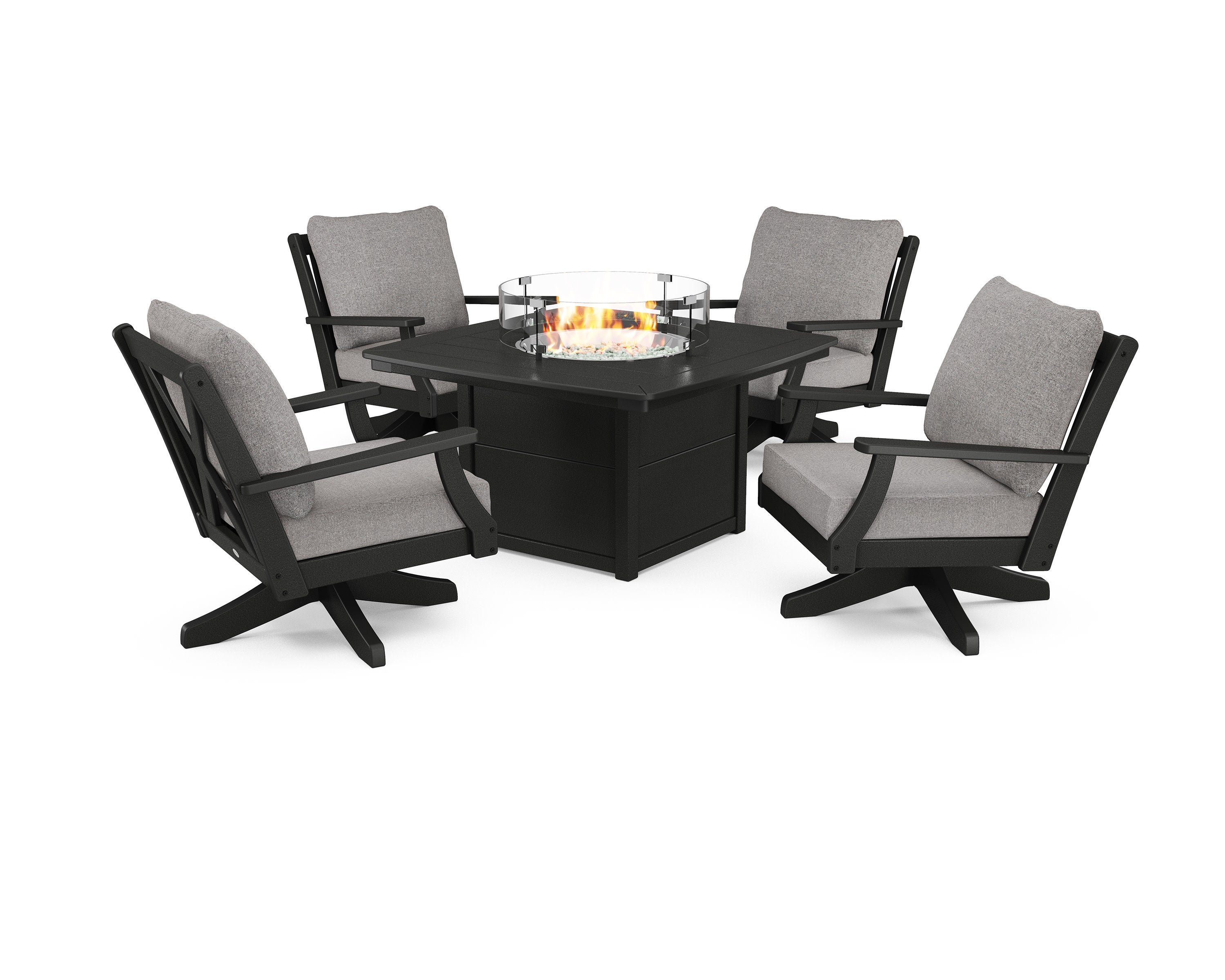 Braxton 5-Piece Deep Seating Swivel Conversation Set with Fire Pit Table in Black / Grey Mist