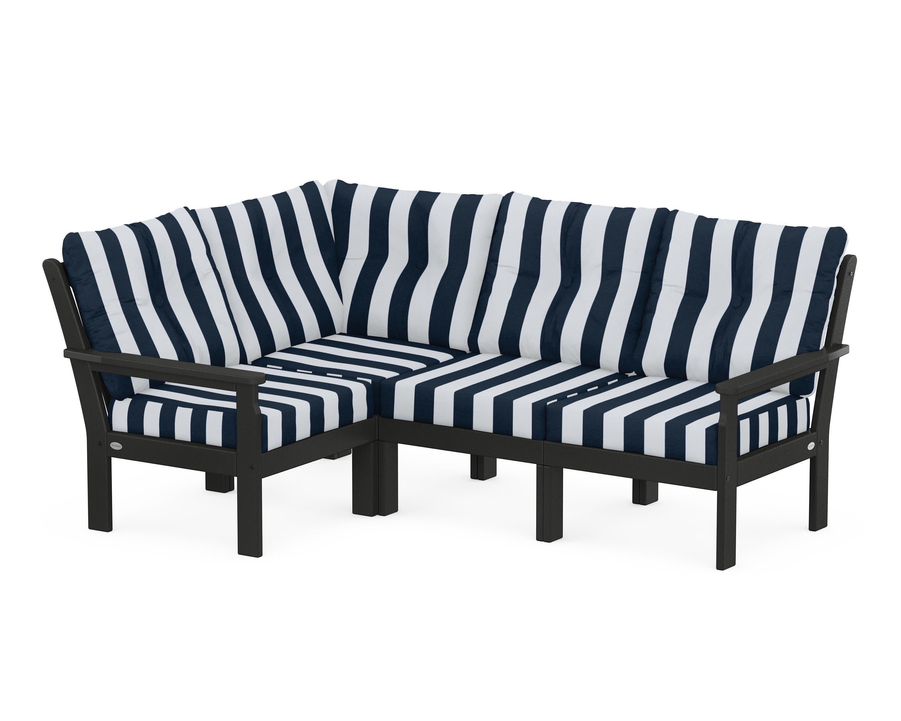 Vineyard 4-Piece Sectional in Black / Cabana Stripe Marine Indigo