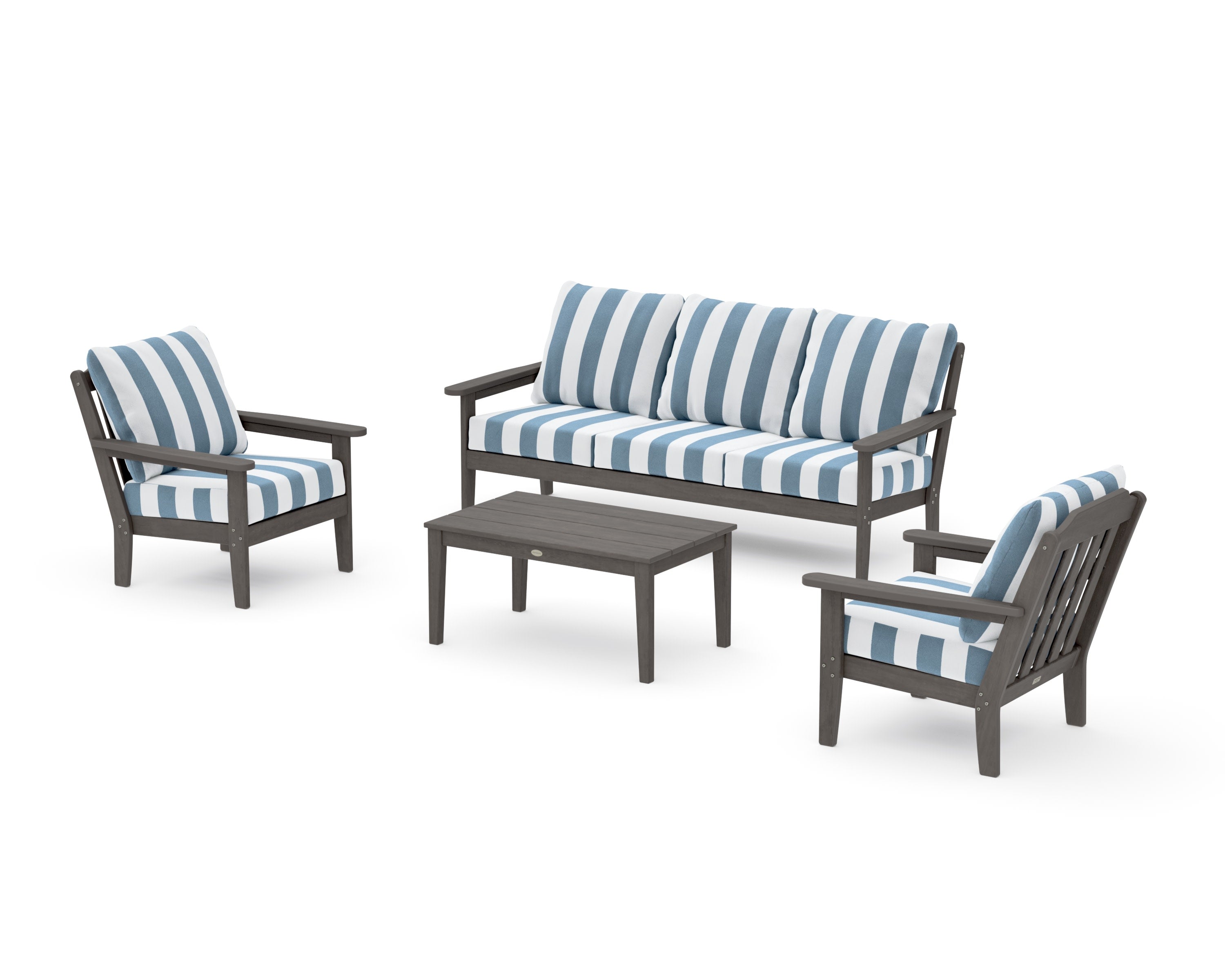 Cottage 4-Piece Deep Seating Set with Sofa in Driftwood / Cabana Stripe Sky Blue