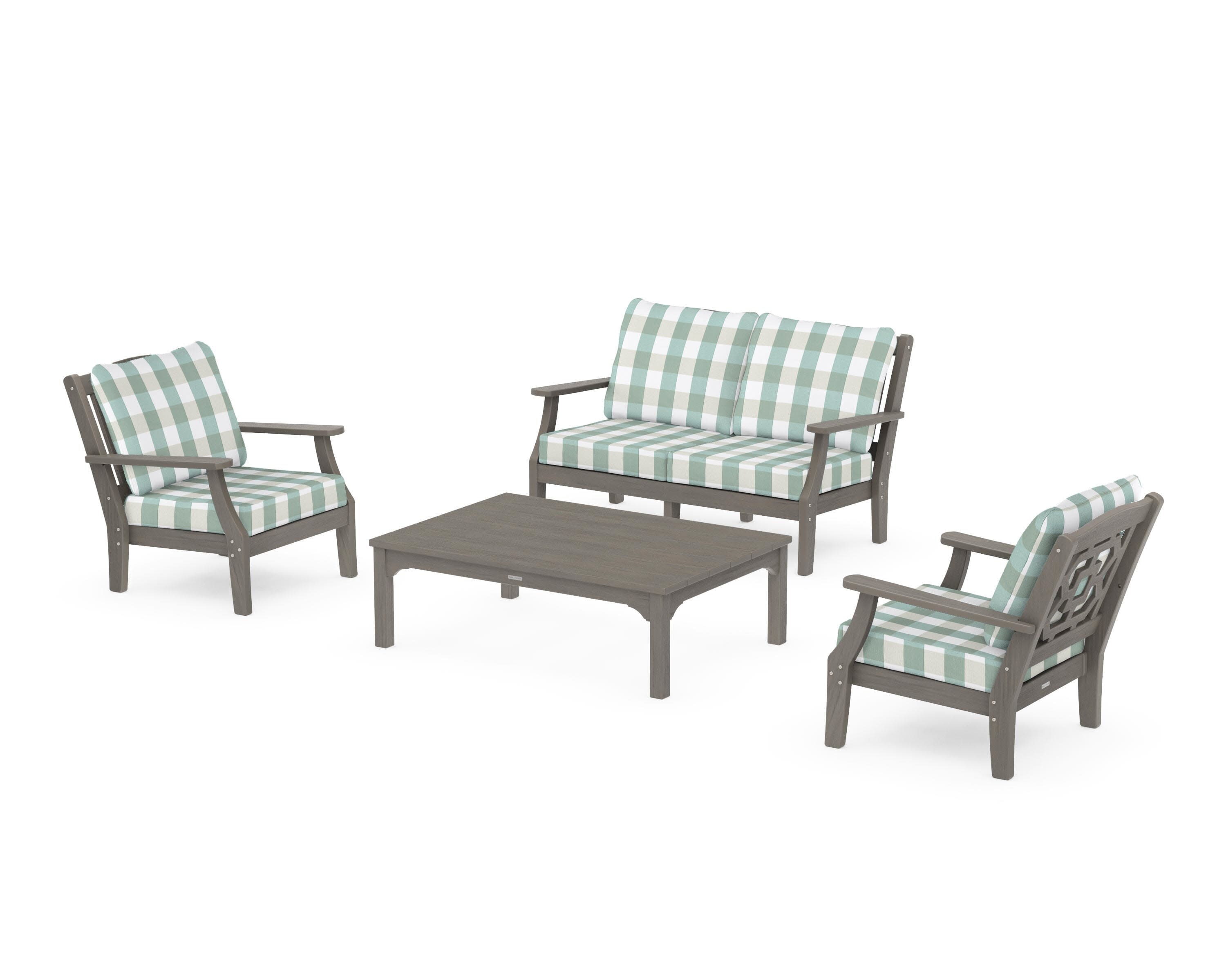 Chinoiserie 4-Piece Deep Seating Set with Loveseat in Driftwood / Buffalo Plaid Glacier Spa