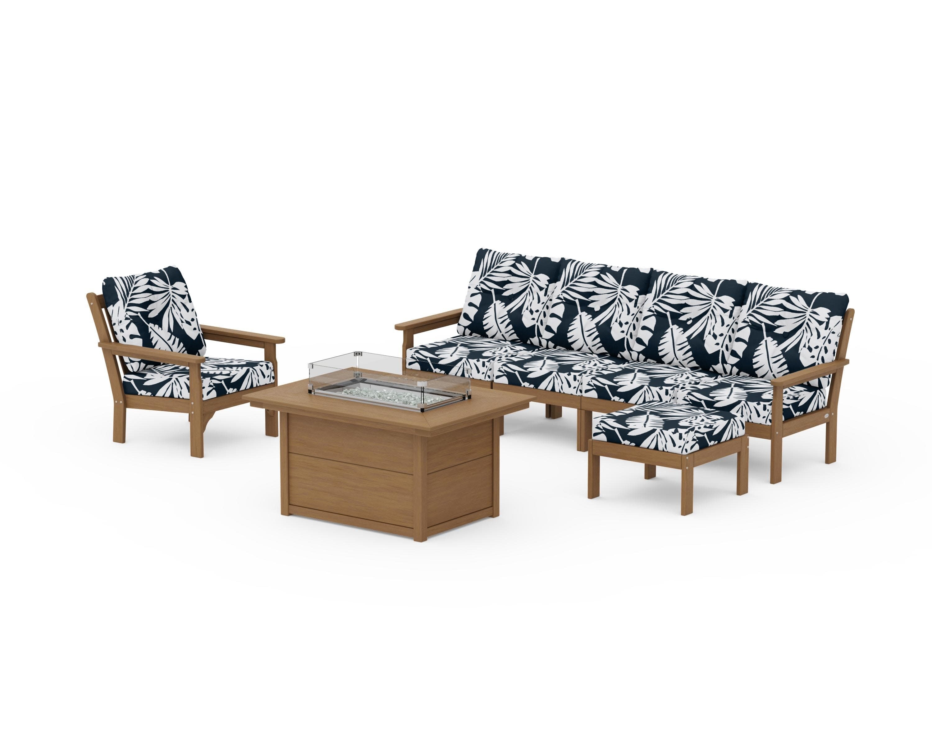 Vineyard Sectional Lounge and Fire Pit Set in Natural / Leaf Marine Indigo