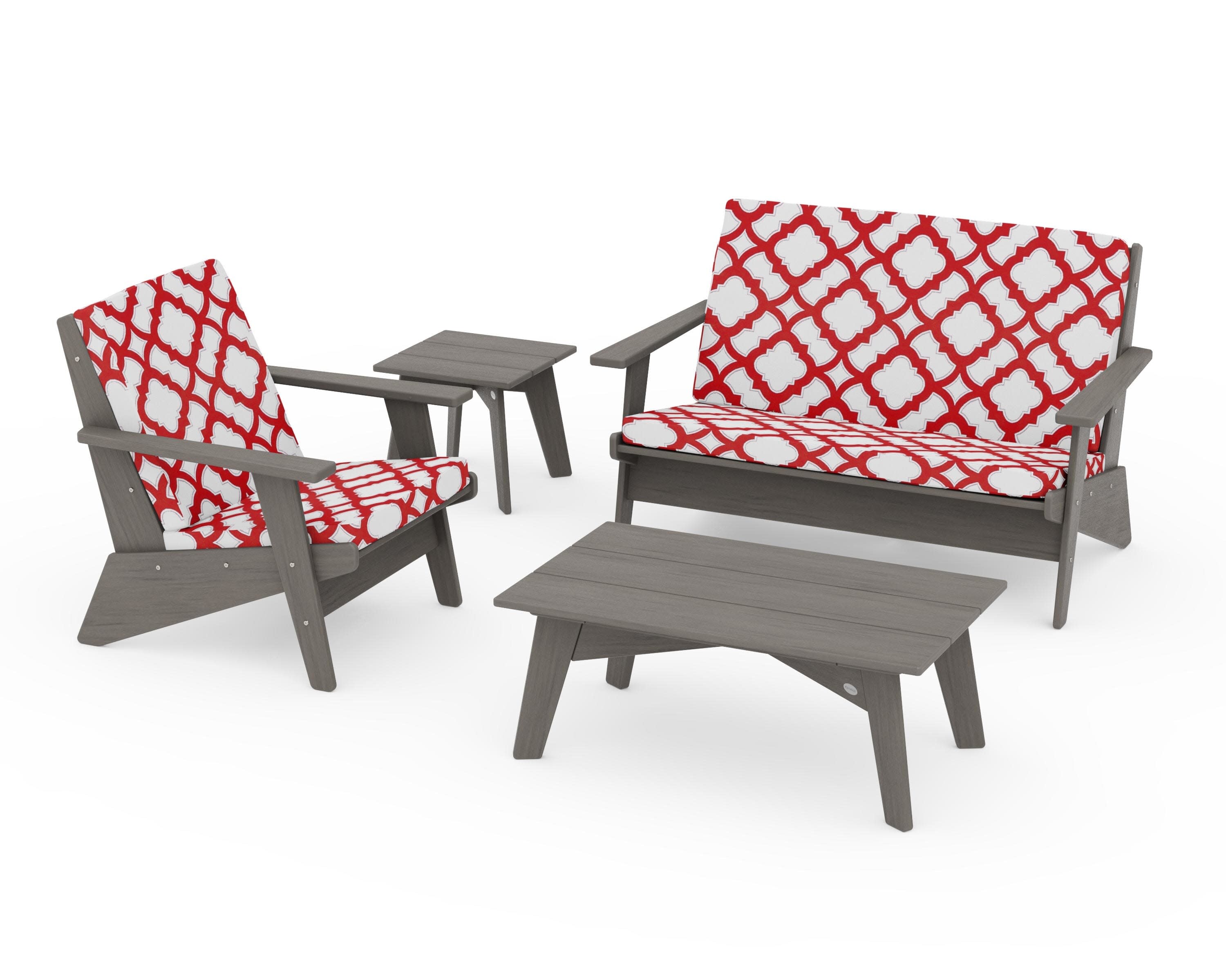 Riviera Modern Lounge 4-Piece Set in Driftwood / Trellis Crimson