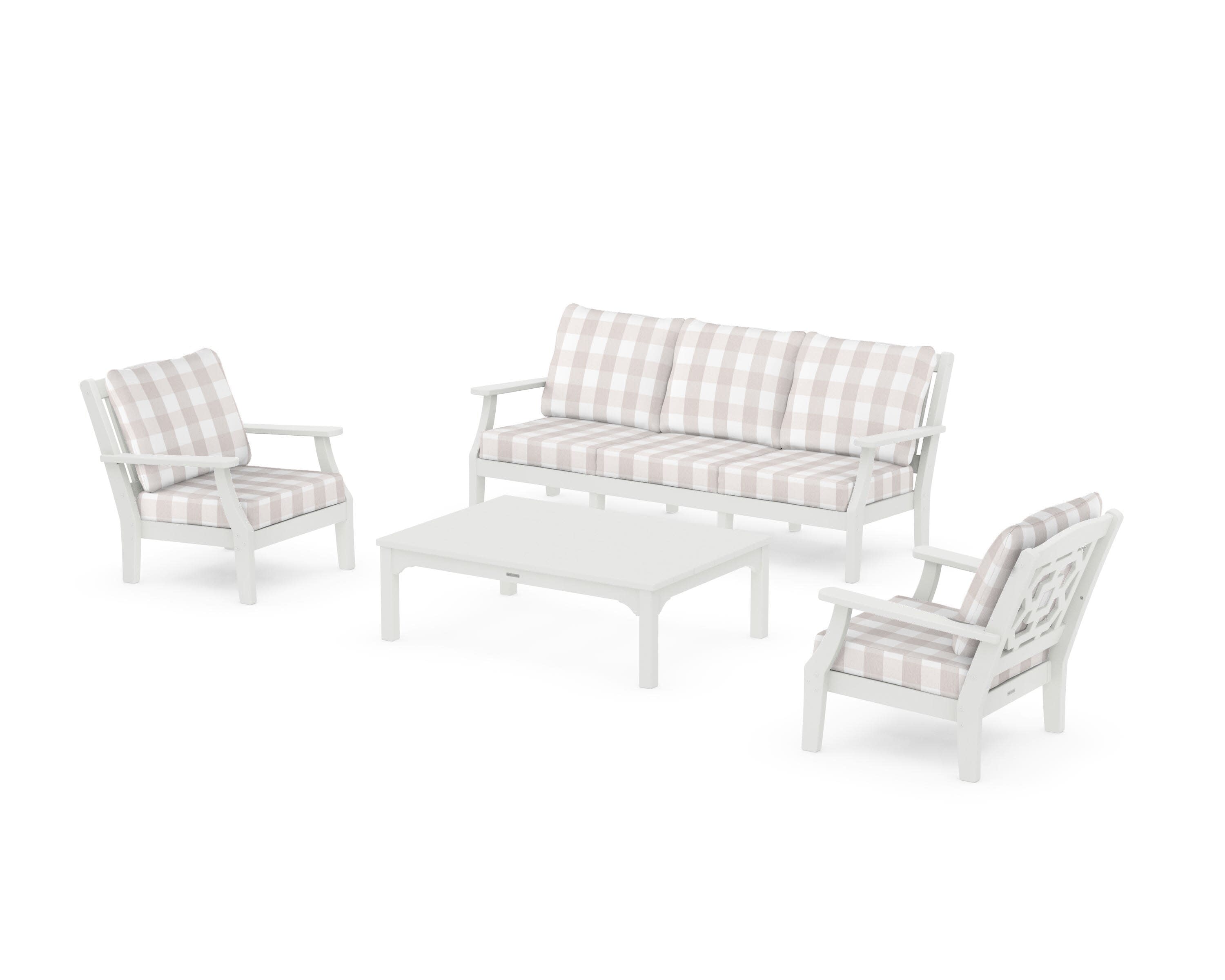 Chinoiserie 4-Piece Deep Seating Set with Sofa in Vintage White / Buffalo Plaid Dune Burlap