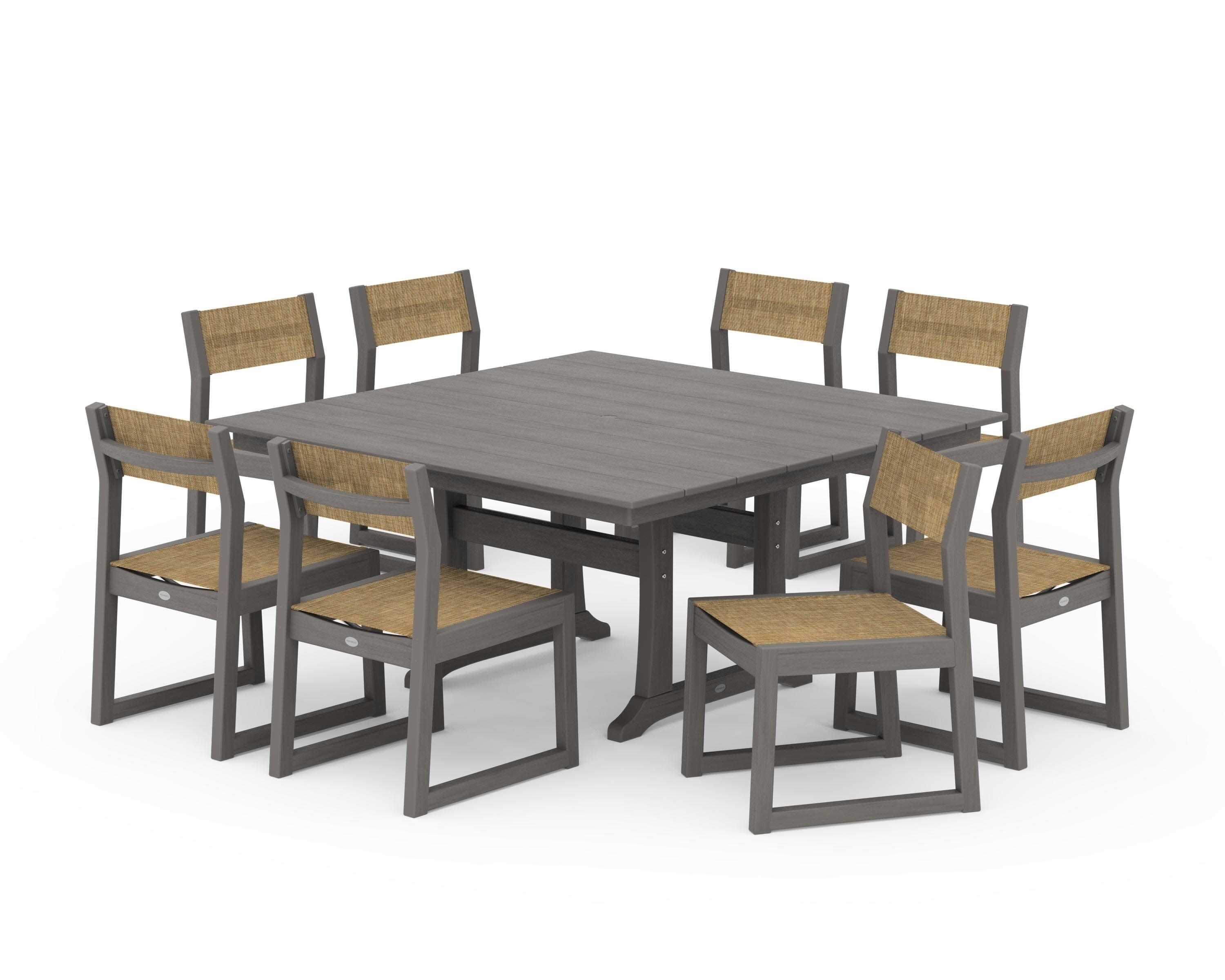 EDGE Sling Side Chair 9-Piece Farmhouse Trestle Dining Set in Driftwood / Burlap Sling