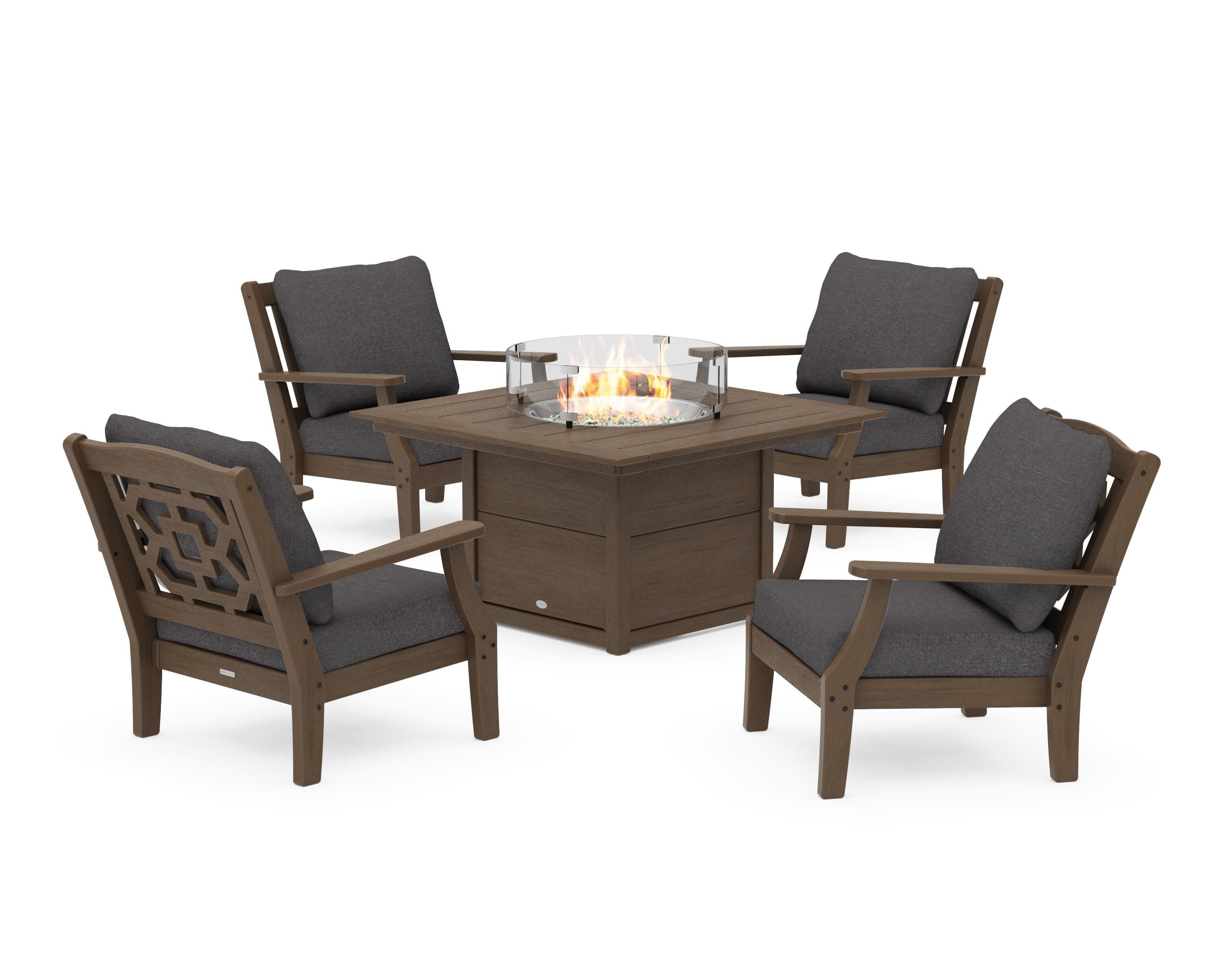 Chinoiserie 5-Piece Deep Seating Set with Fire Pit Table in Kona / Ash Charcoal