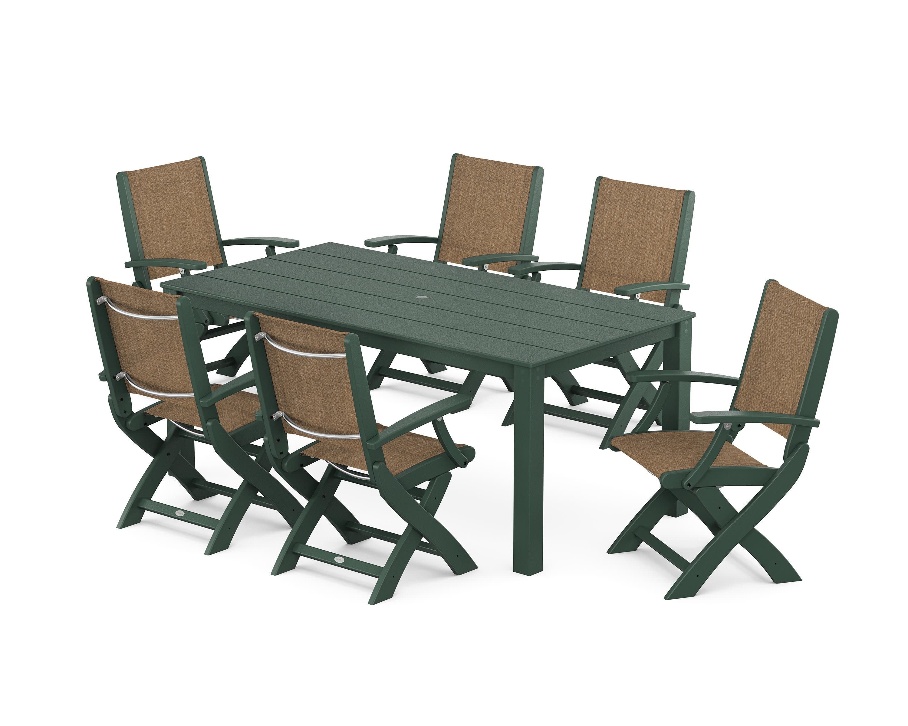 Coastal Folding Chair 7-Piece Parsons Dining Set in Green / Burlap Sling