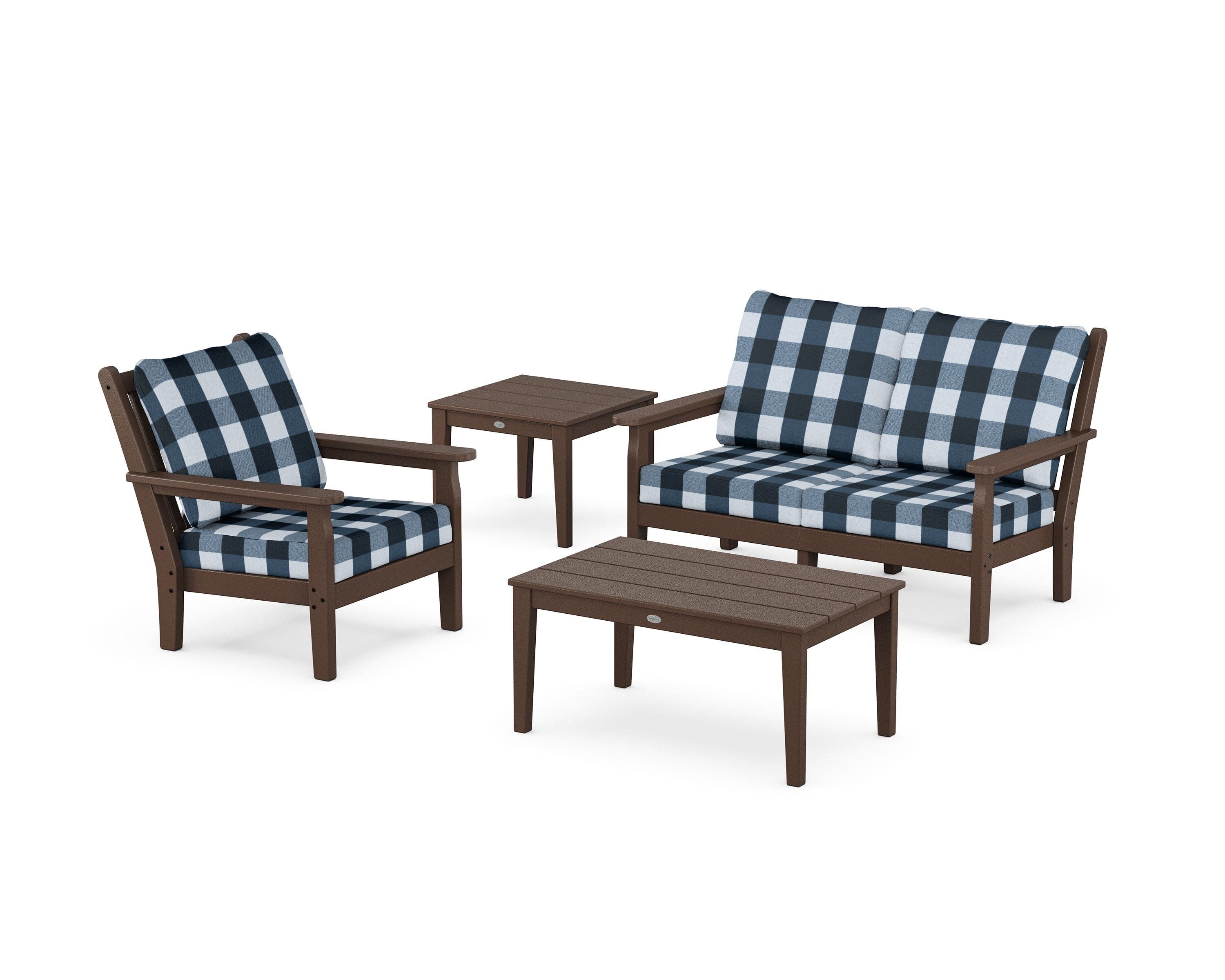 Chippendale 4-Piece Deep Seating Set in Mahogany / Buffalo Plaid Marine Indigo