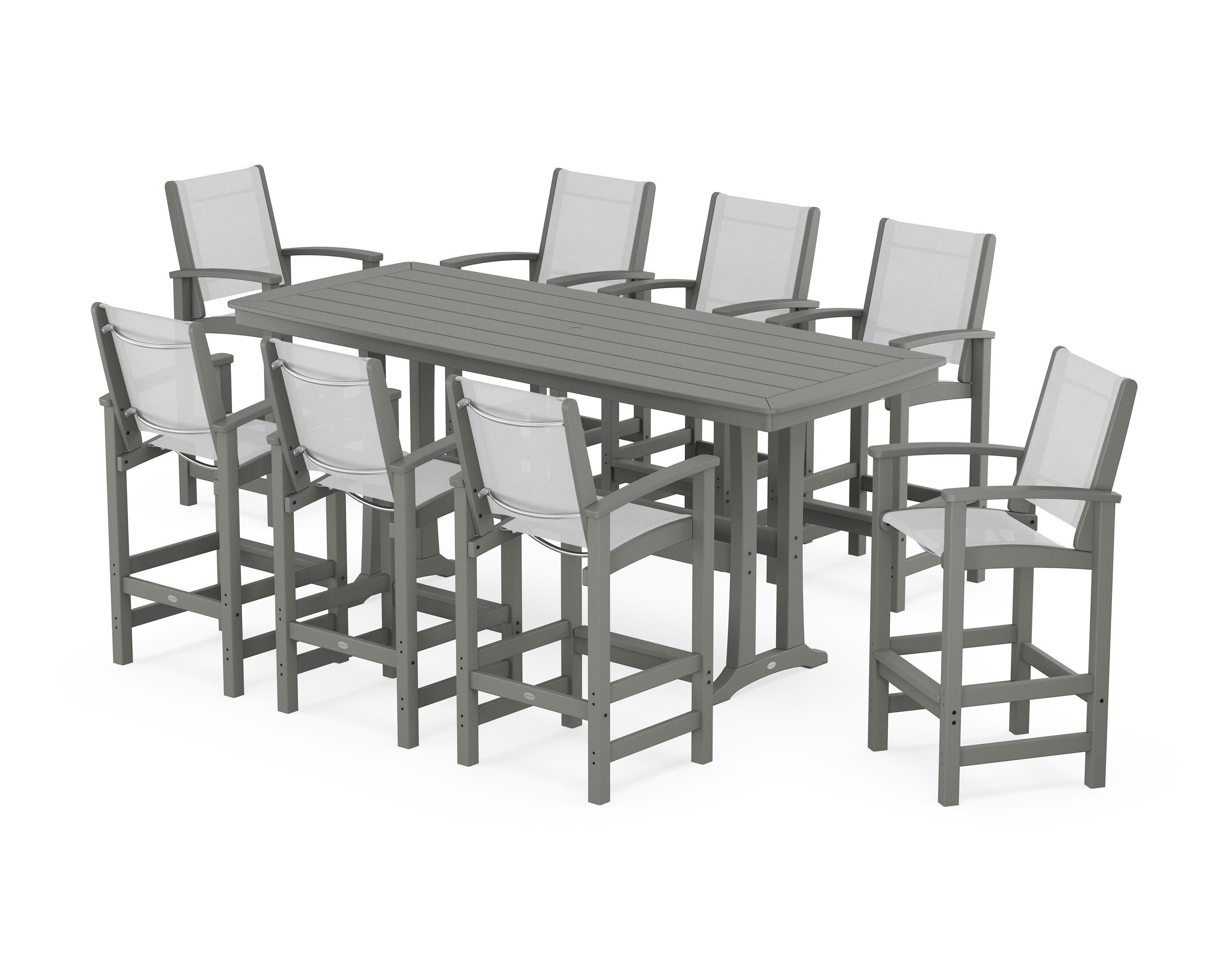 Coastal 9-Piece Bar Set with Trestle Legs in Slate Grey / White Sling