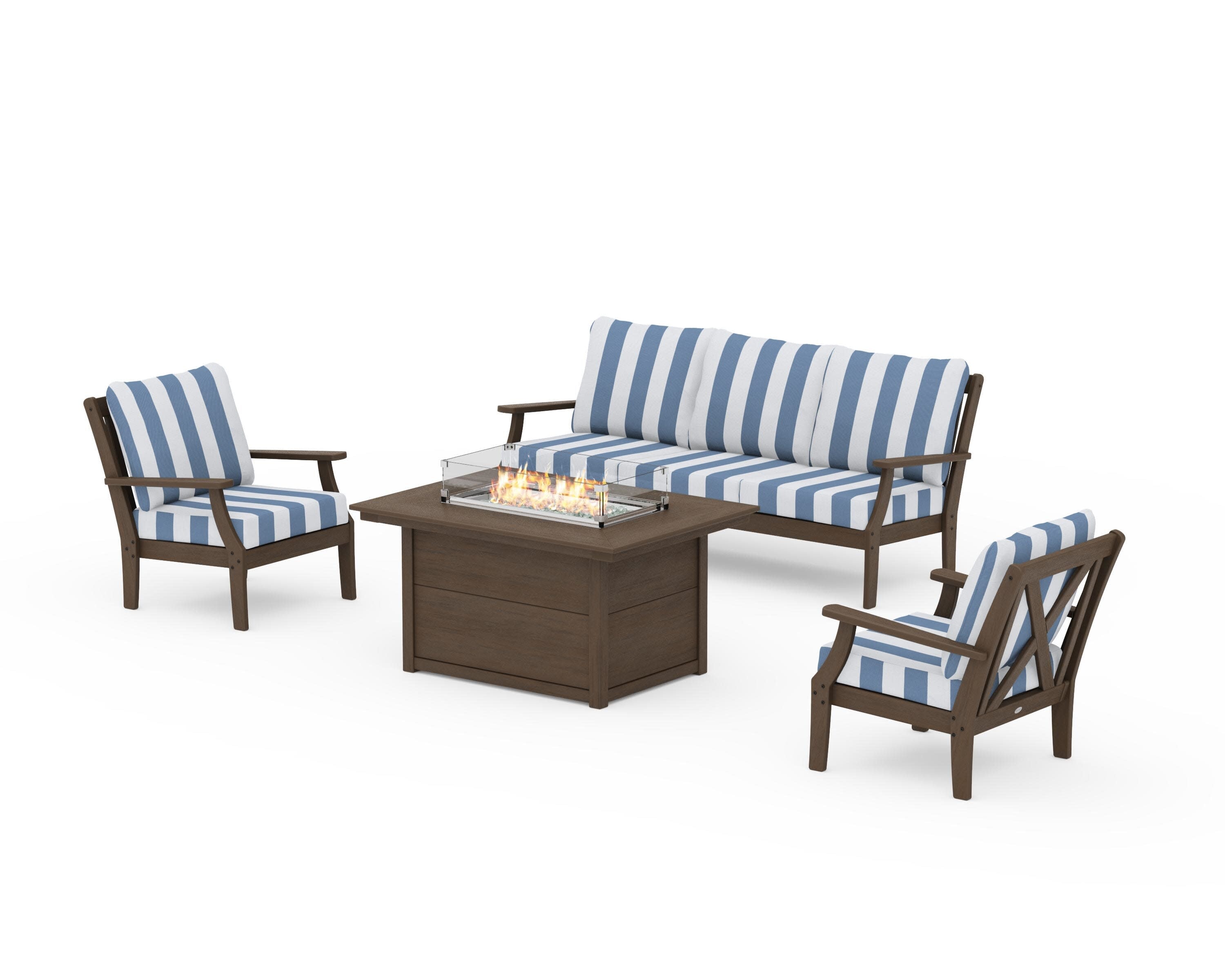 Braxton Deep Seating Fire Pit Table Set in Kona / Cabana Stripe Sky Blue