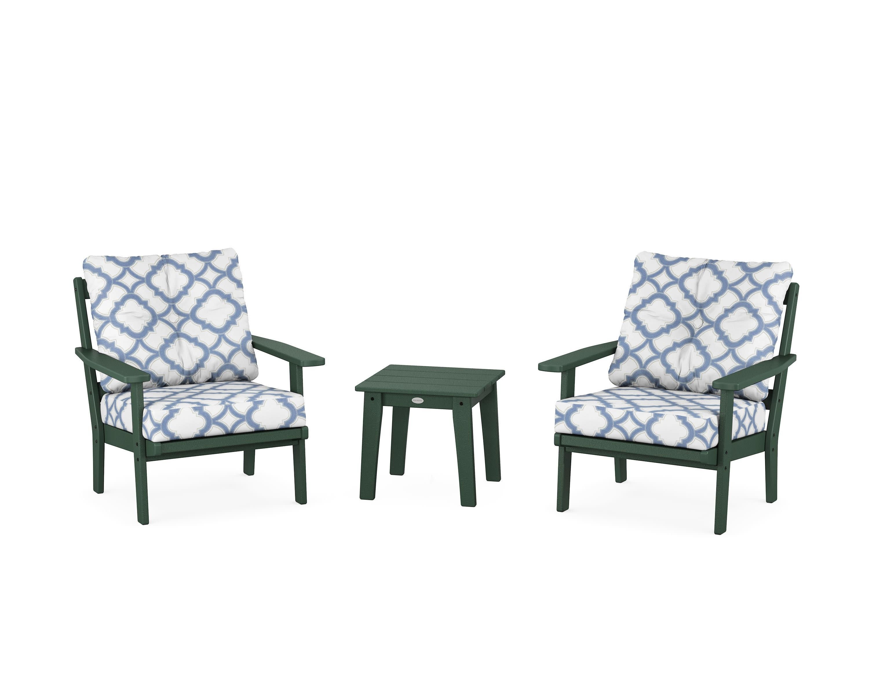 Oxford 3-Piece Deep Seating Set in Green / Trellis Sky Blue