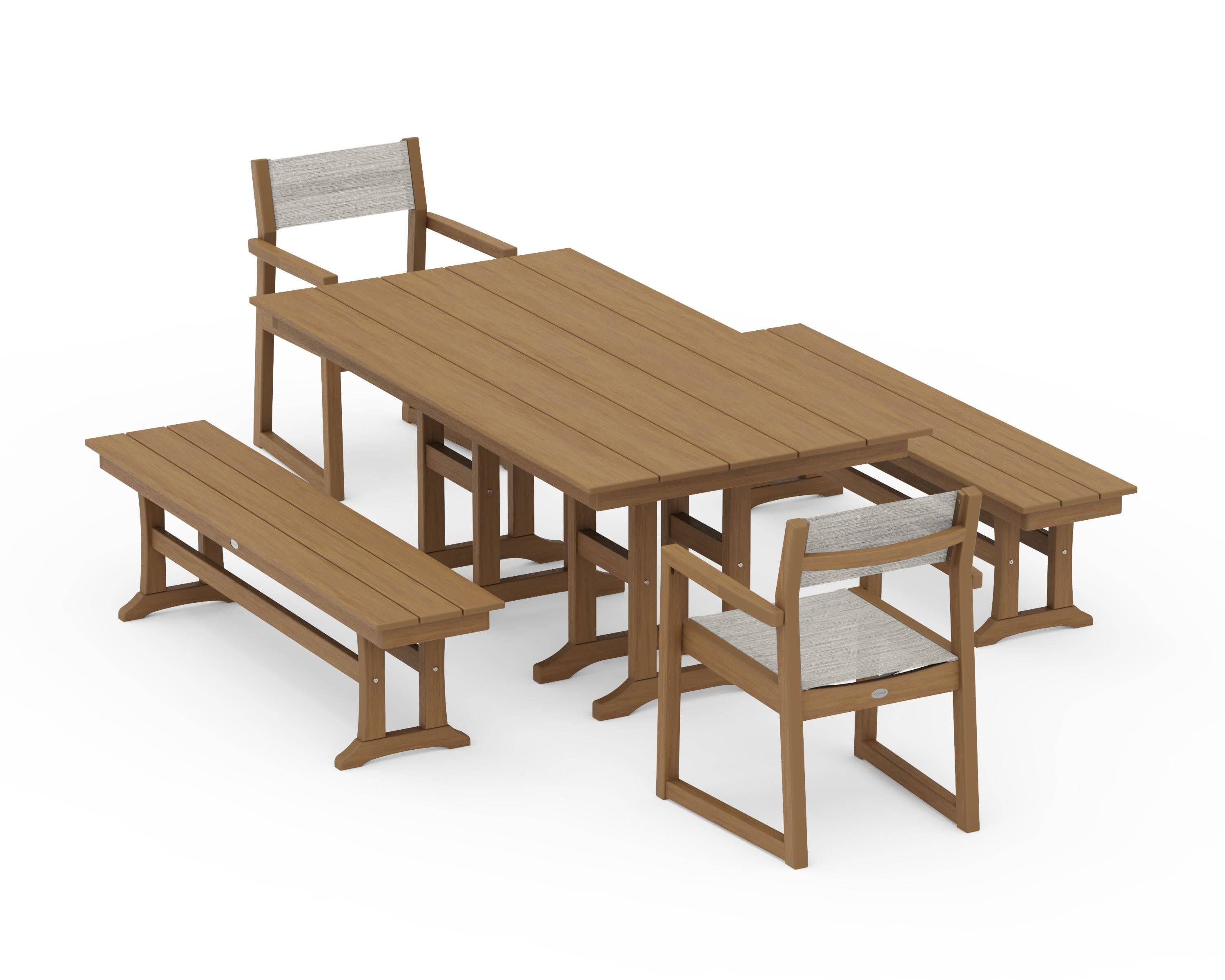 EDGE Sling Arm Chair 5-Piece Farmhouse Dining Set with Benches in Natural / Birch Sling