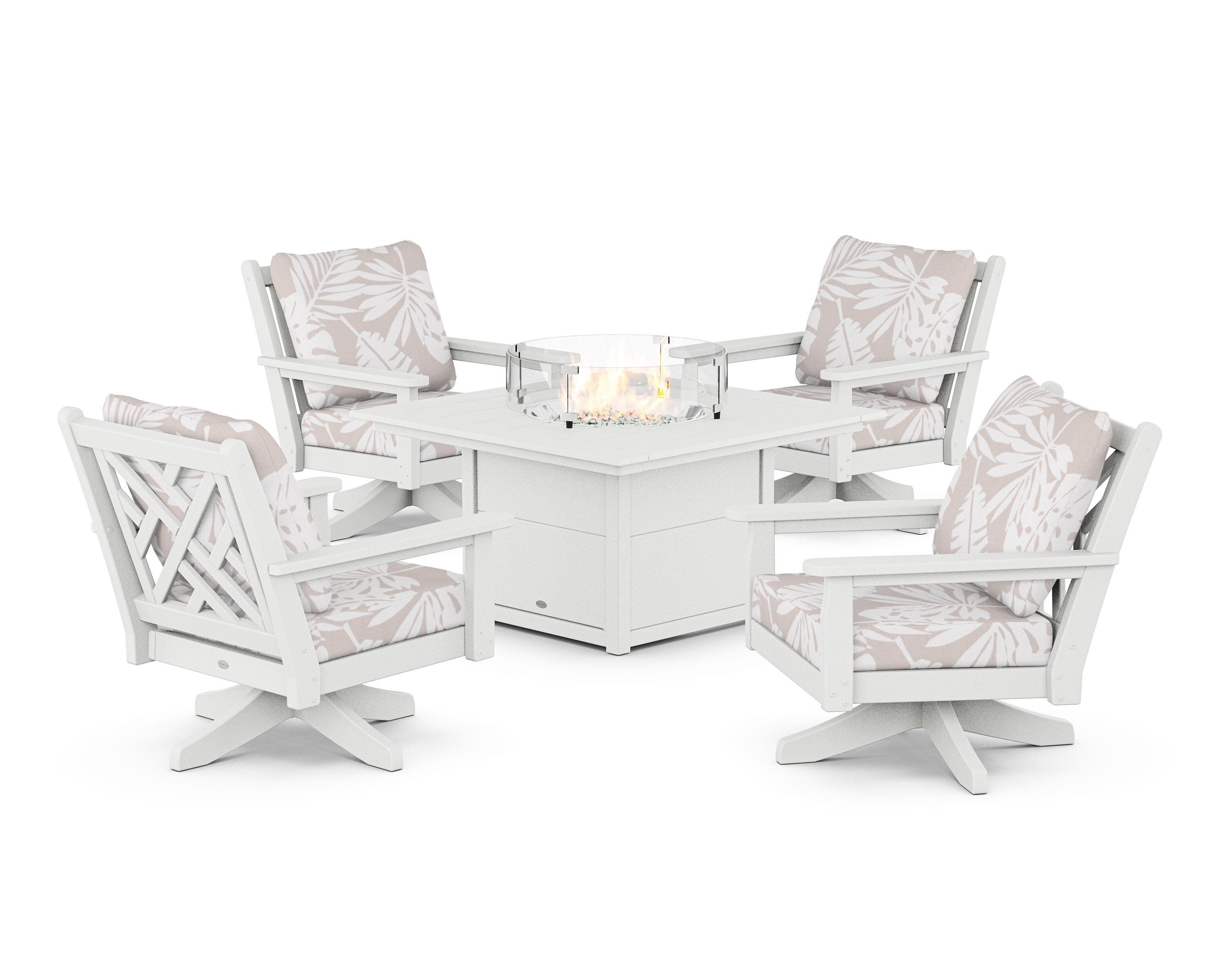 Chippendale 5-Piece Deep Seating Swivel Conversation Set with Fire Pit Table in White / Leaf Dune Burlap