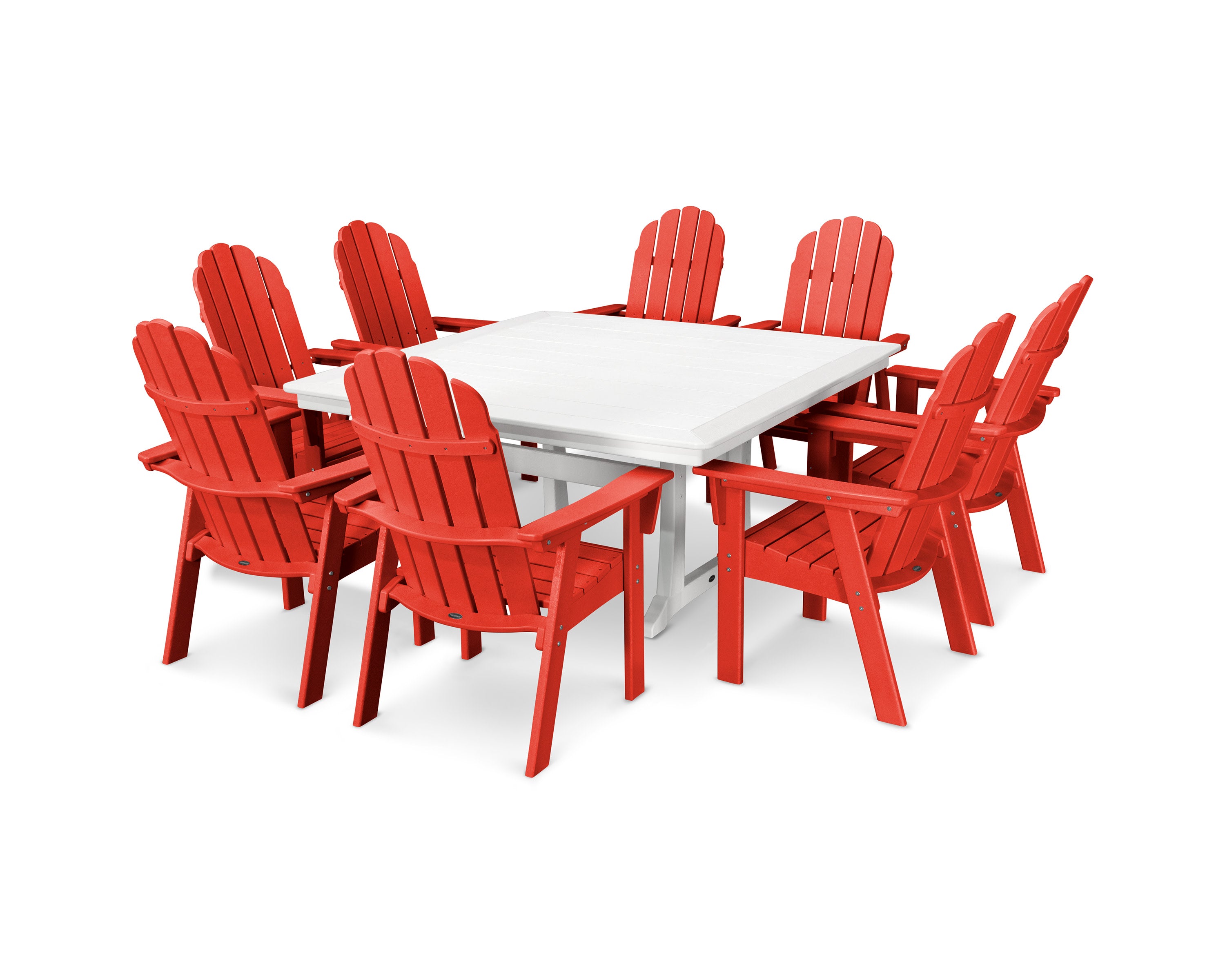 Vineyard Curveback Adirondack 9-Piece Nautical Trestle Dining Set in Sunset Red / White