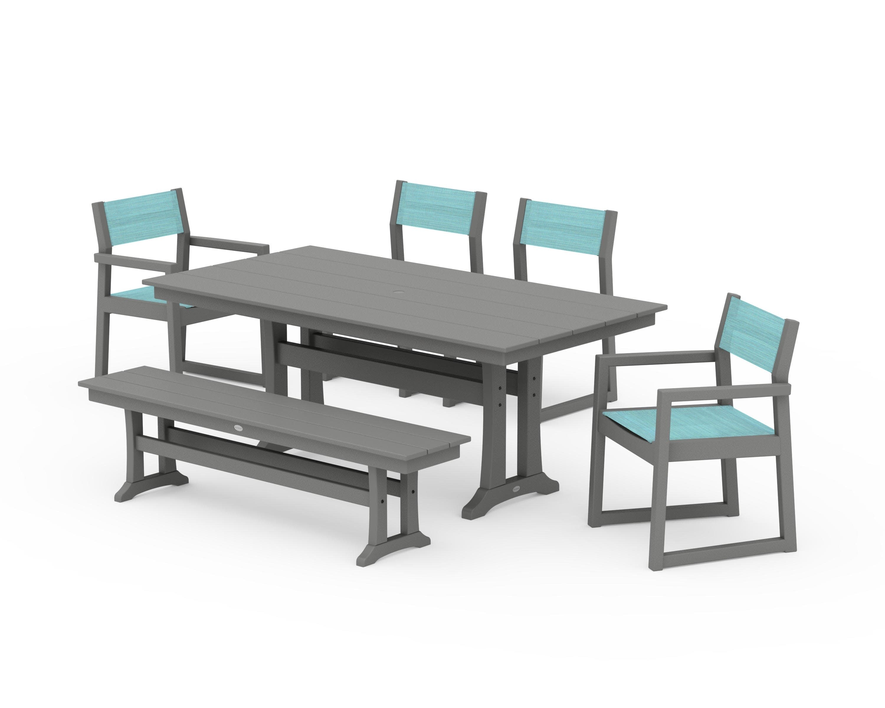 EDGE Sling 6-Piece Farmhouse Dining Set With Trestle Legs in Slate Grey / Dupioni Aquamarine Sling