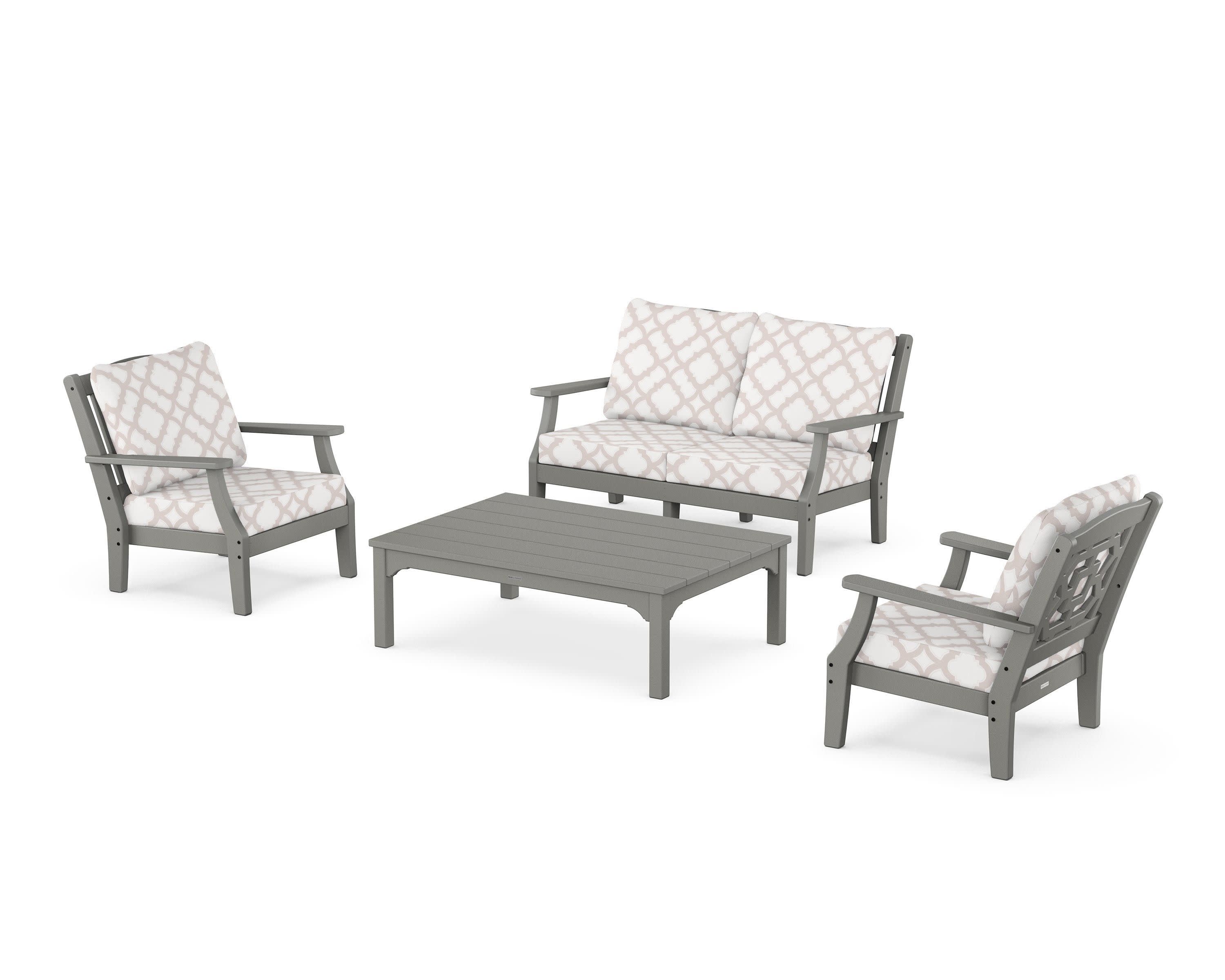 Chinoiserie 4-Piece Deep Seating Set with Loveseat in Slate Grey / Trellis Dune Burlap