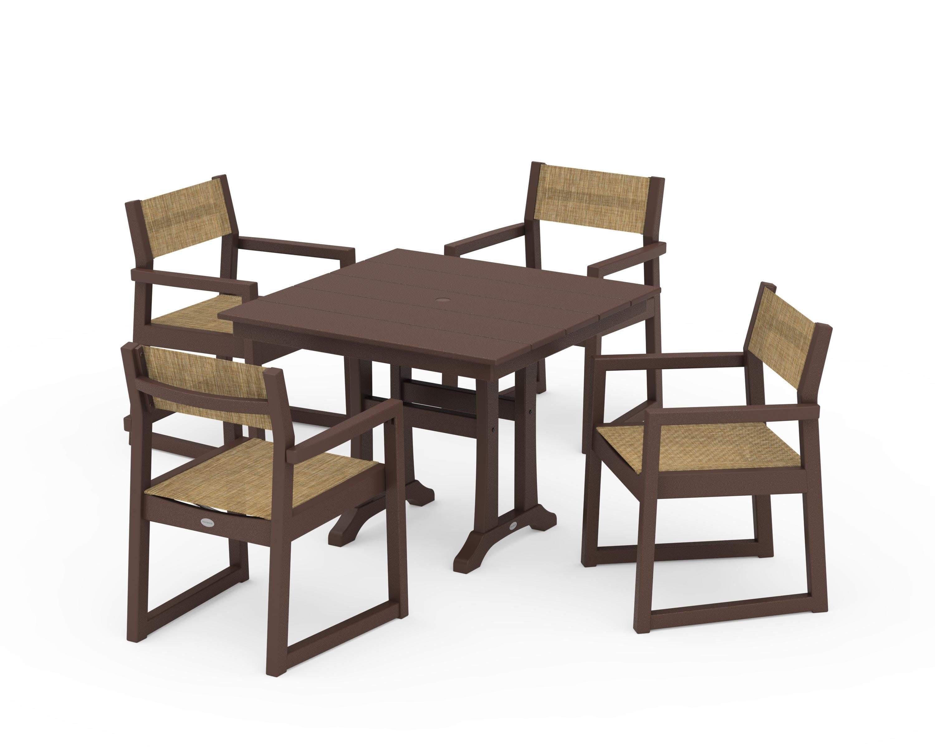 EDGE Sling 5-Piece Farmhouse Dining Set with Trestle Legs in Mahogany / Burlap Sling