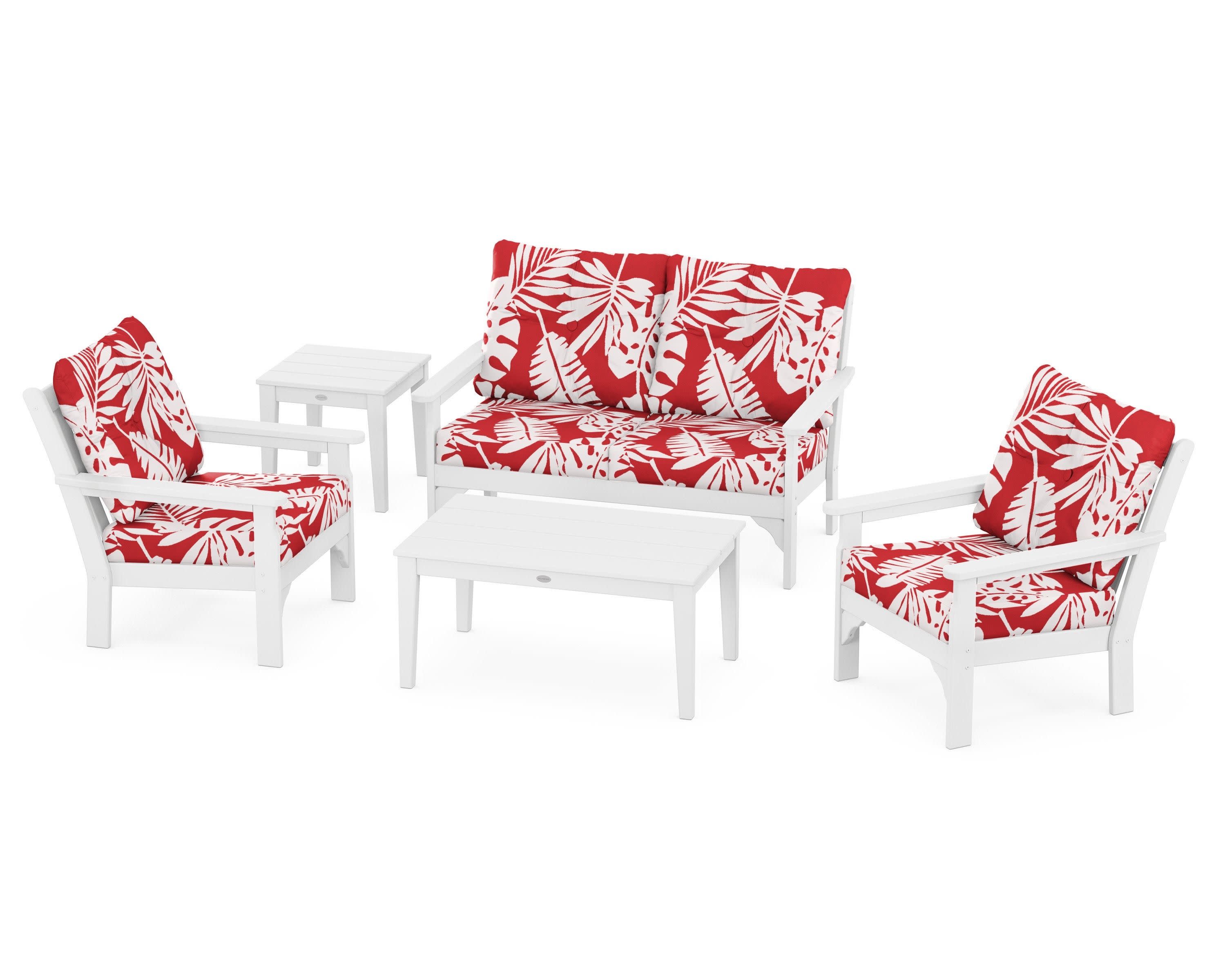 Vineyard 5-Piece Deep Seating Set in White / Leaf Crimson