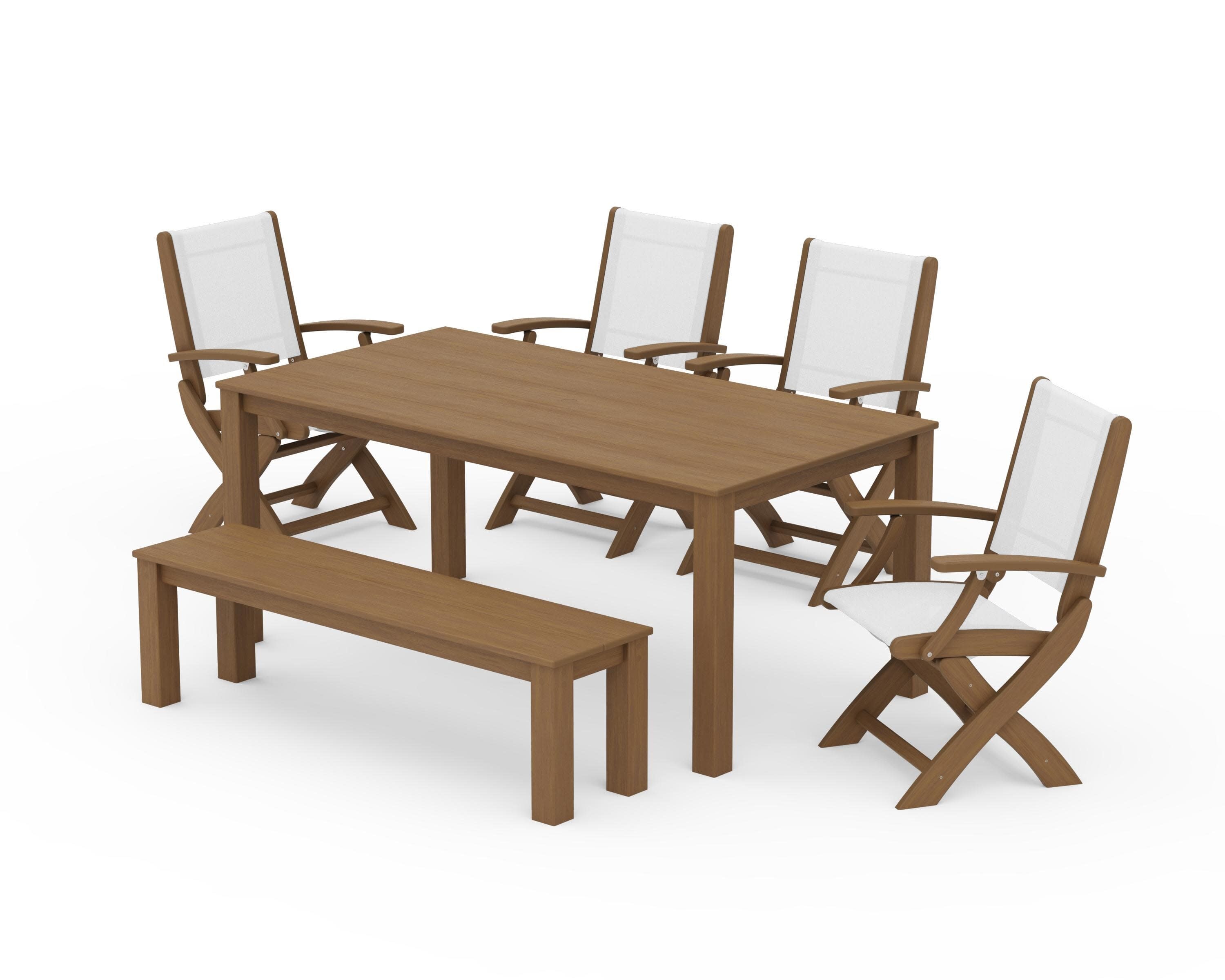 Coastal Folding Chair 6-Piece Parsons Dining Set with Bench in Natural / White Sling