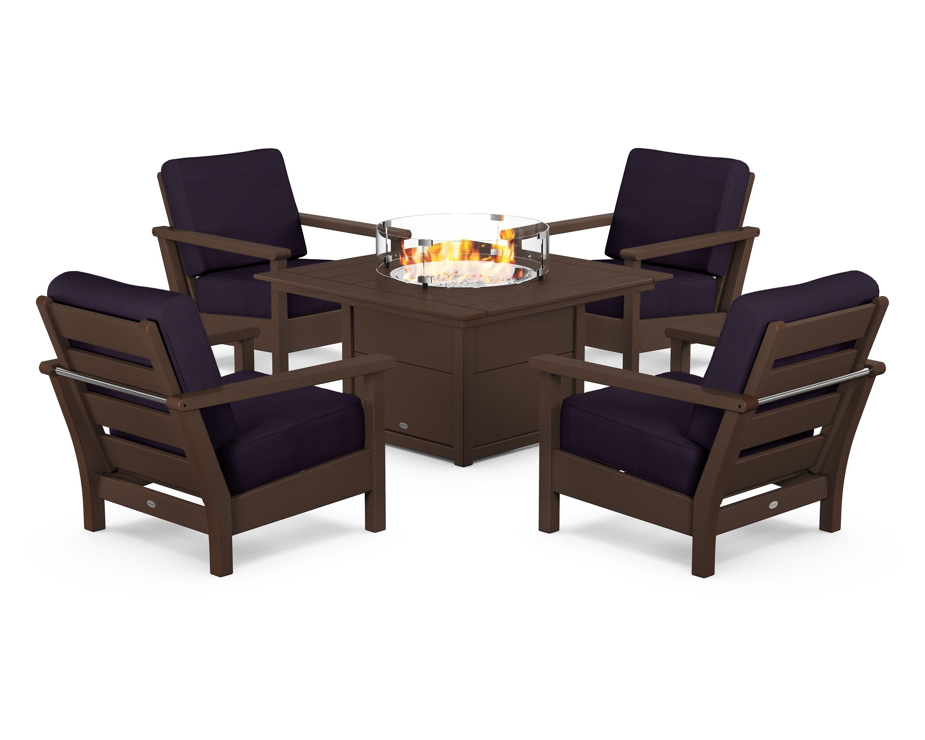 Harbour 5-Piece Conversation Set with Fire Pit Table in Mahogany / Navy Linen