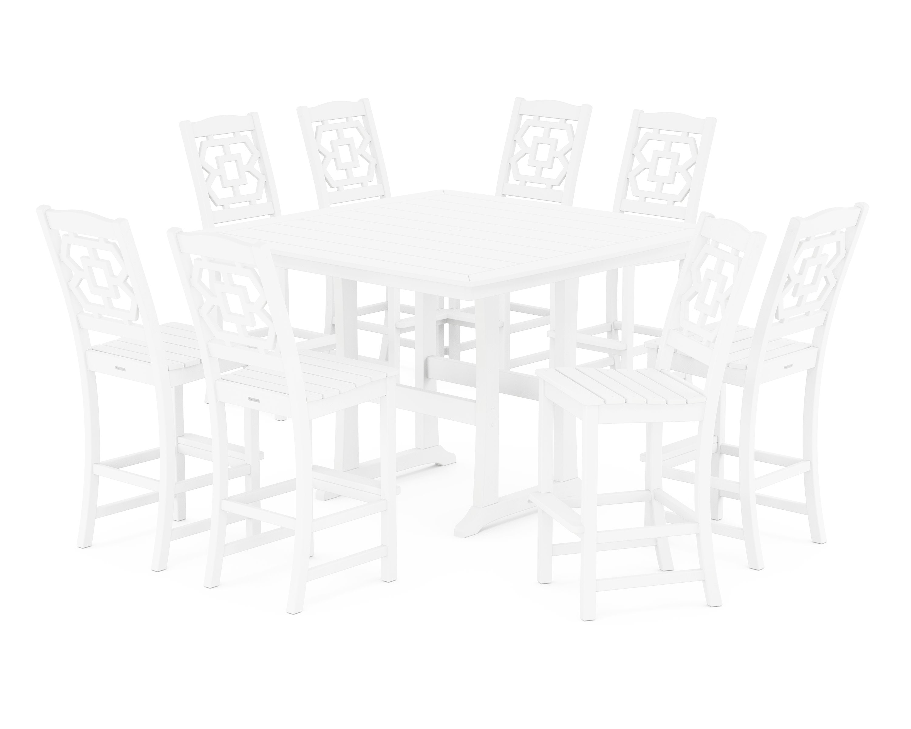 Chinoiserie 9-Piece Square Side Chair Bar Set with Trestle Legs in White