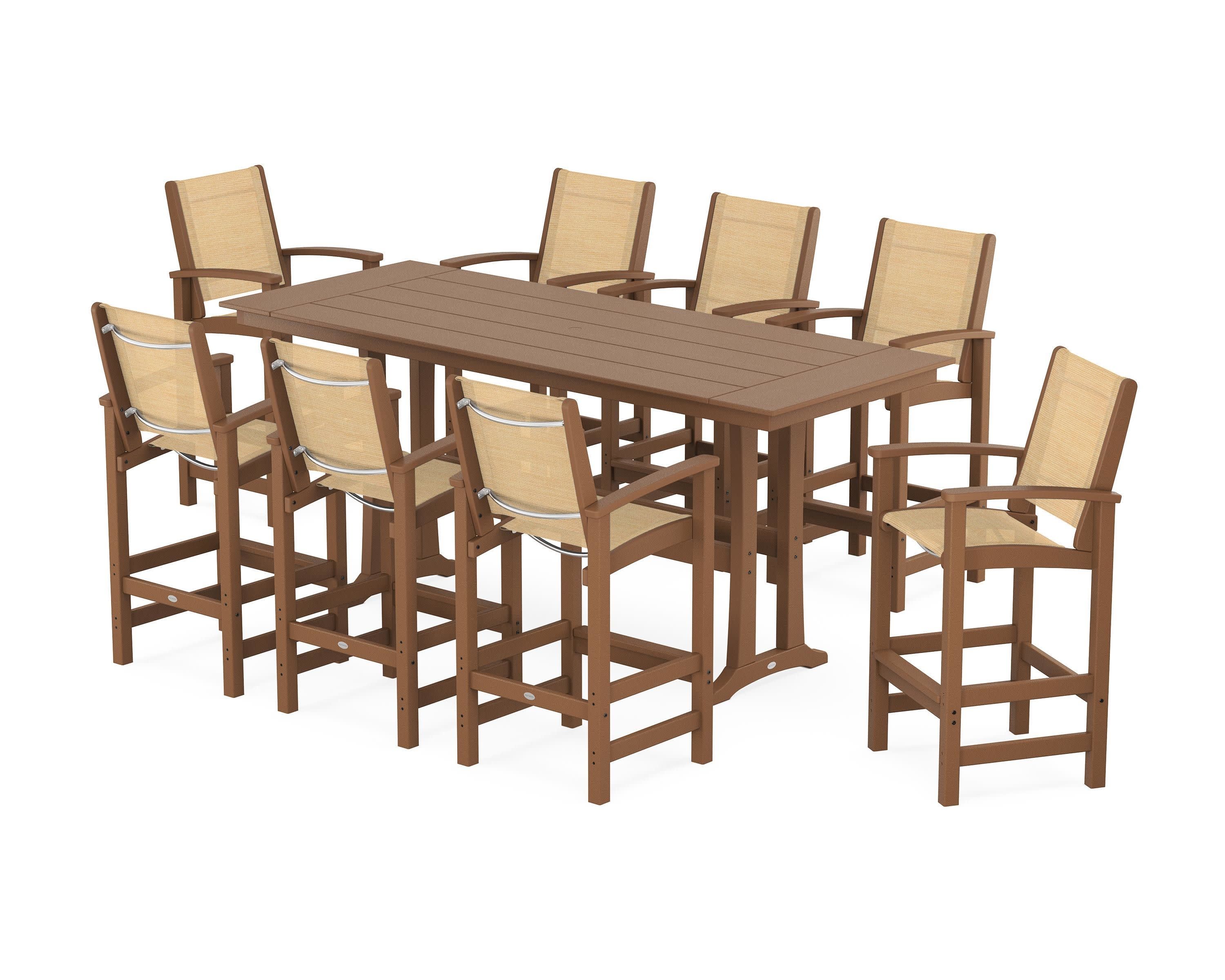 Coastal 9-Piece Farmhouse Bar Set with Trestle Legs in Teak / Dupioni Apricot Sling
