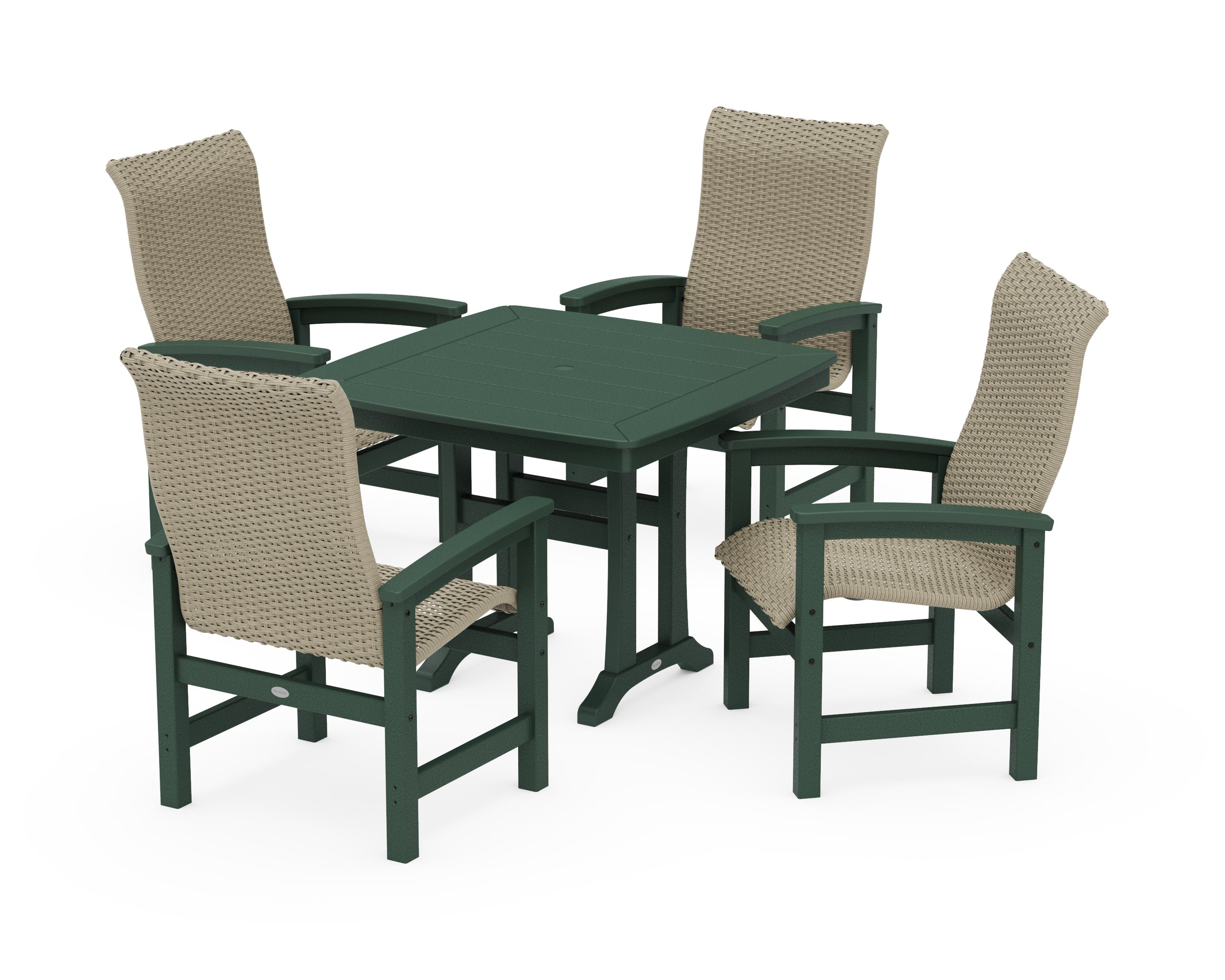 Coastal Woven High-Back 5-Piece Dining Set with Trestle Legs in Green / Dune Grass