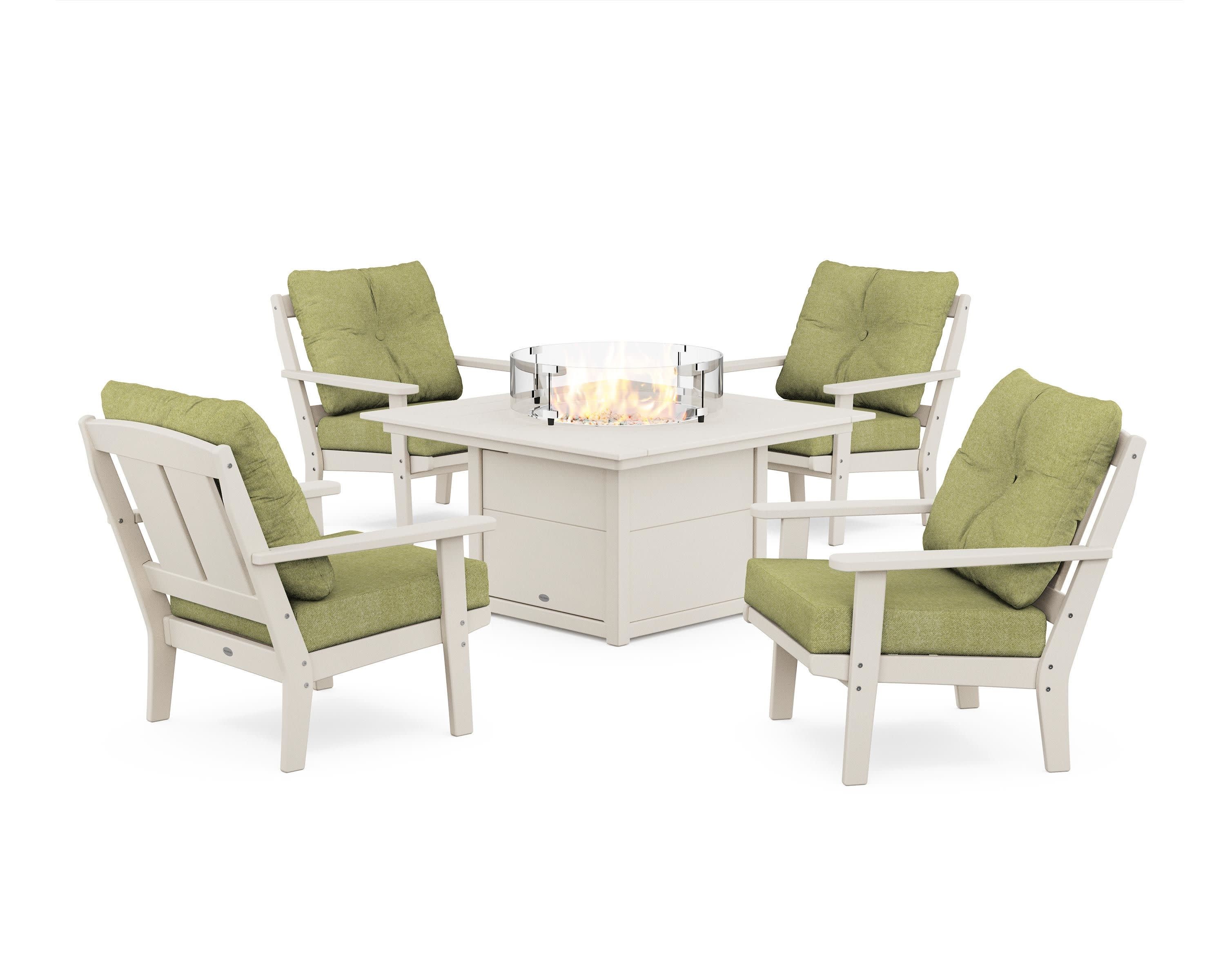 Mission 5-Piece Deep Seating Set with Fire Pit Table in Sand / Chartreuse Boucle