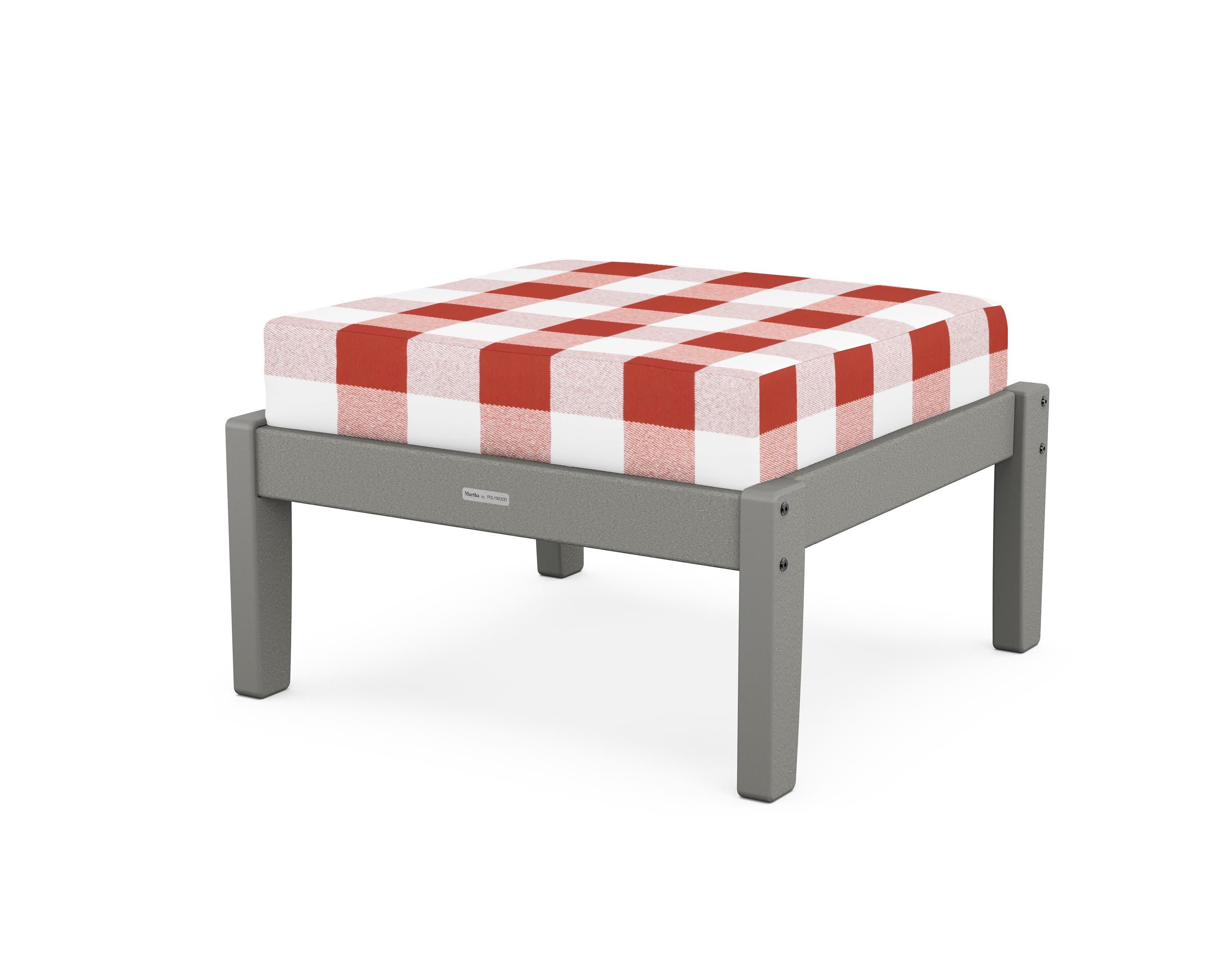 Chinoiserie Deep Seating Ottoman in Slate Grey / Buffalo Plaid Crimson