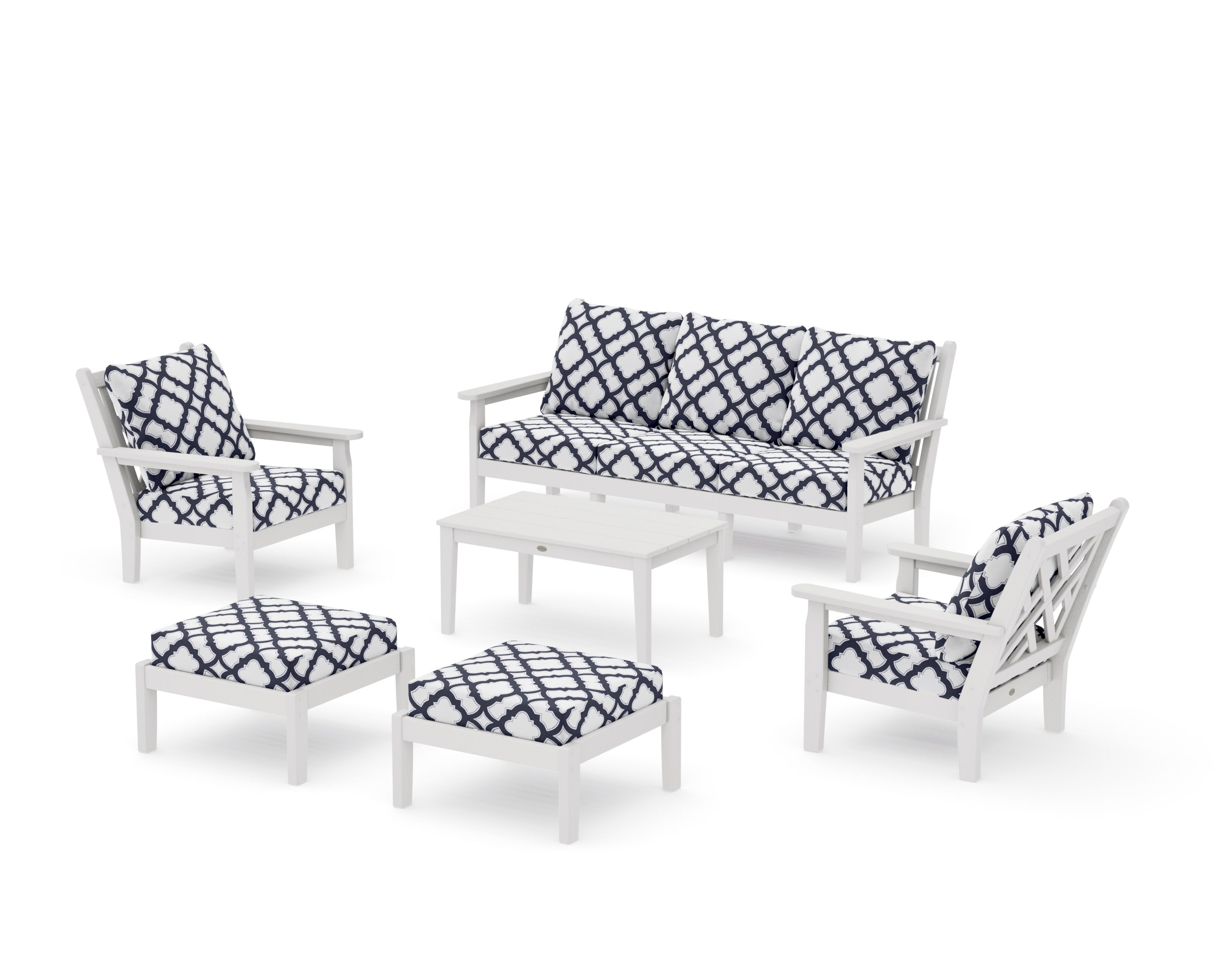 Chippendale 6-Piece Lounge Sofa Set in Vintage White / Trellis Navy