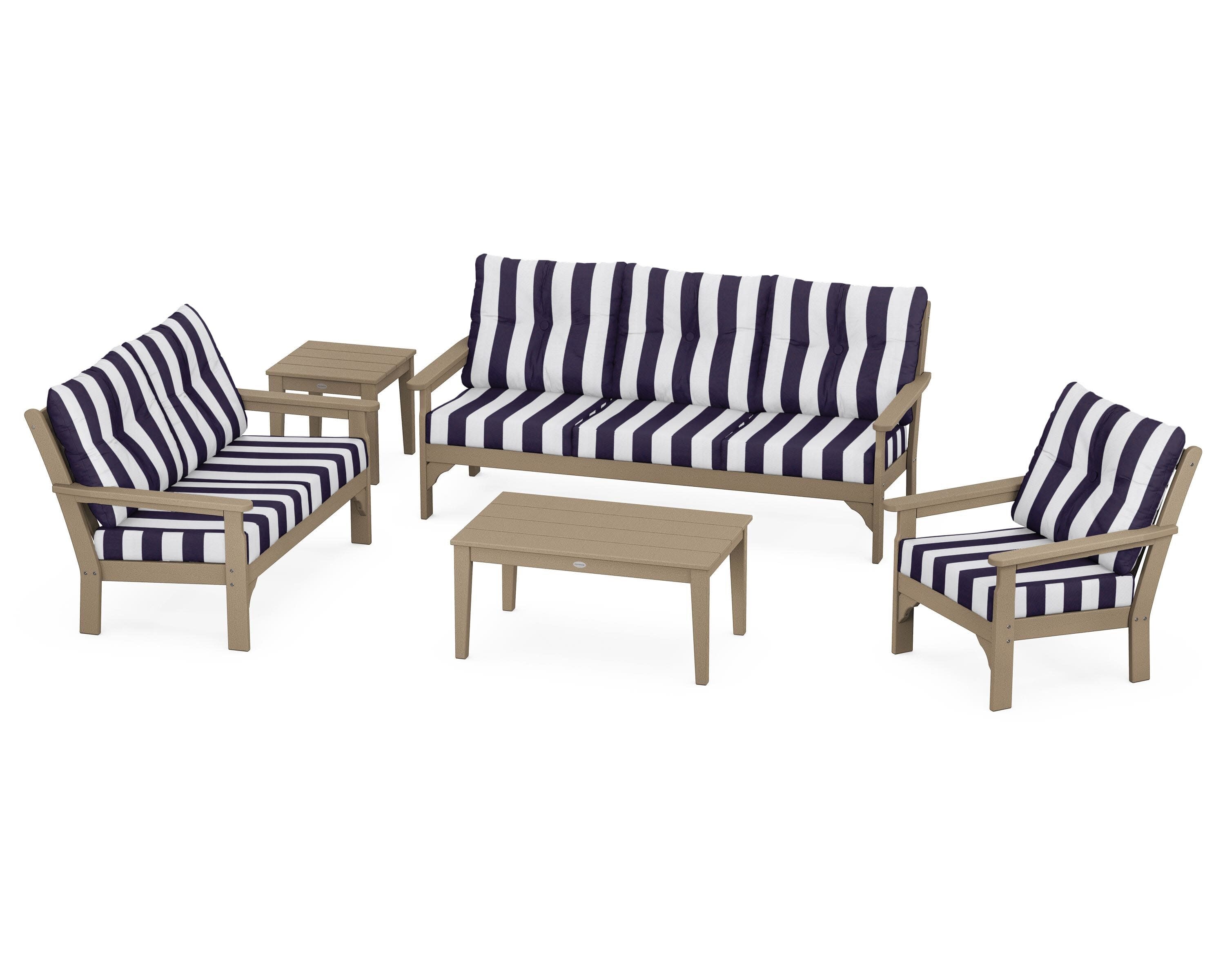 Vineyard 5 Piece Deep Seating Set in Vintage Sahara / Cabana Stripe Navy