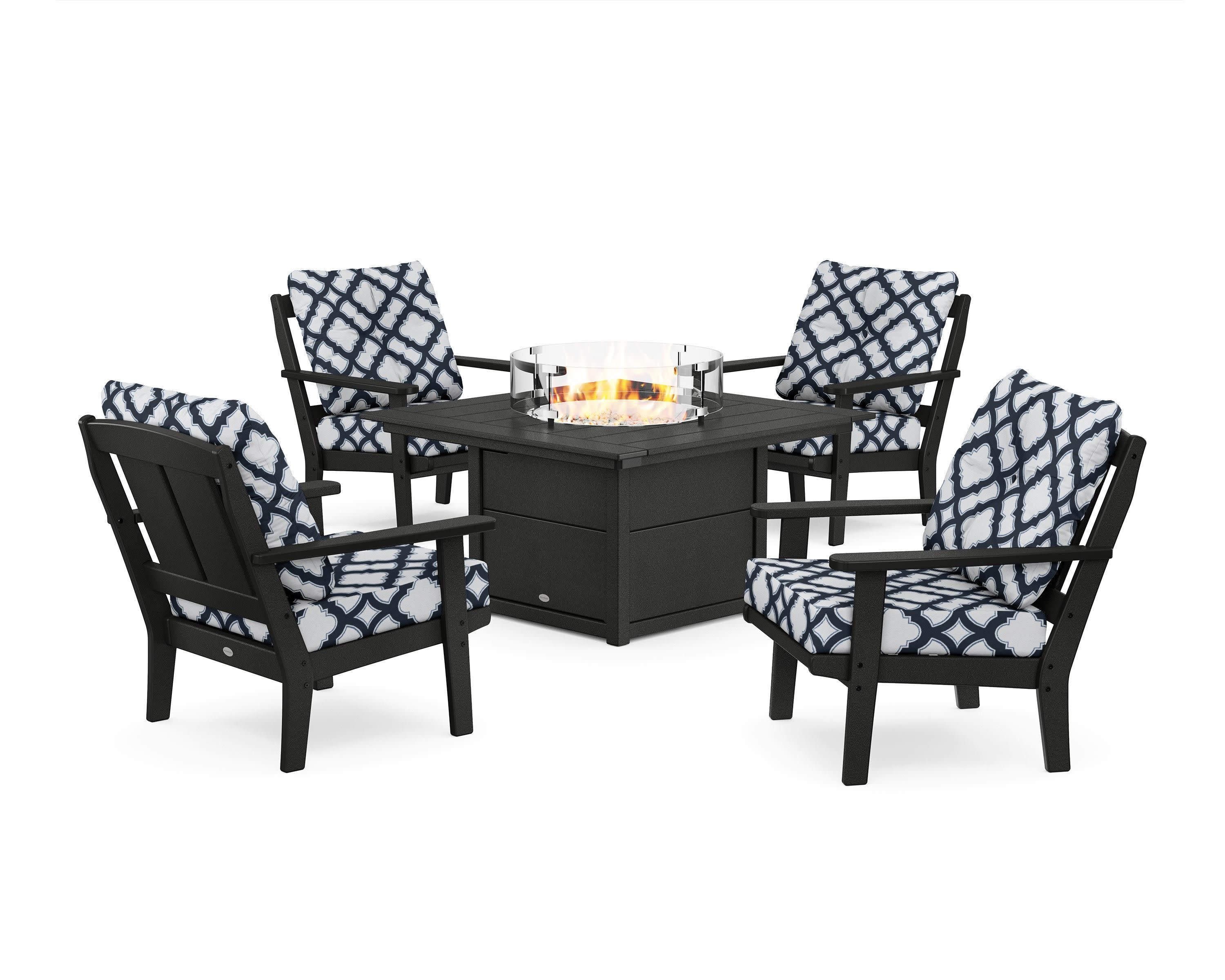 Mission 5-Piece Deep Seating Set with Fire Pit Table in Black / Trellis Marine Indigo
