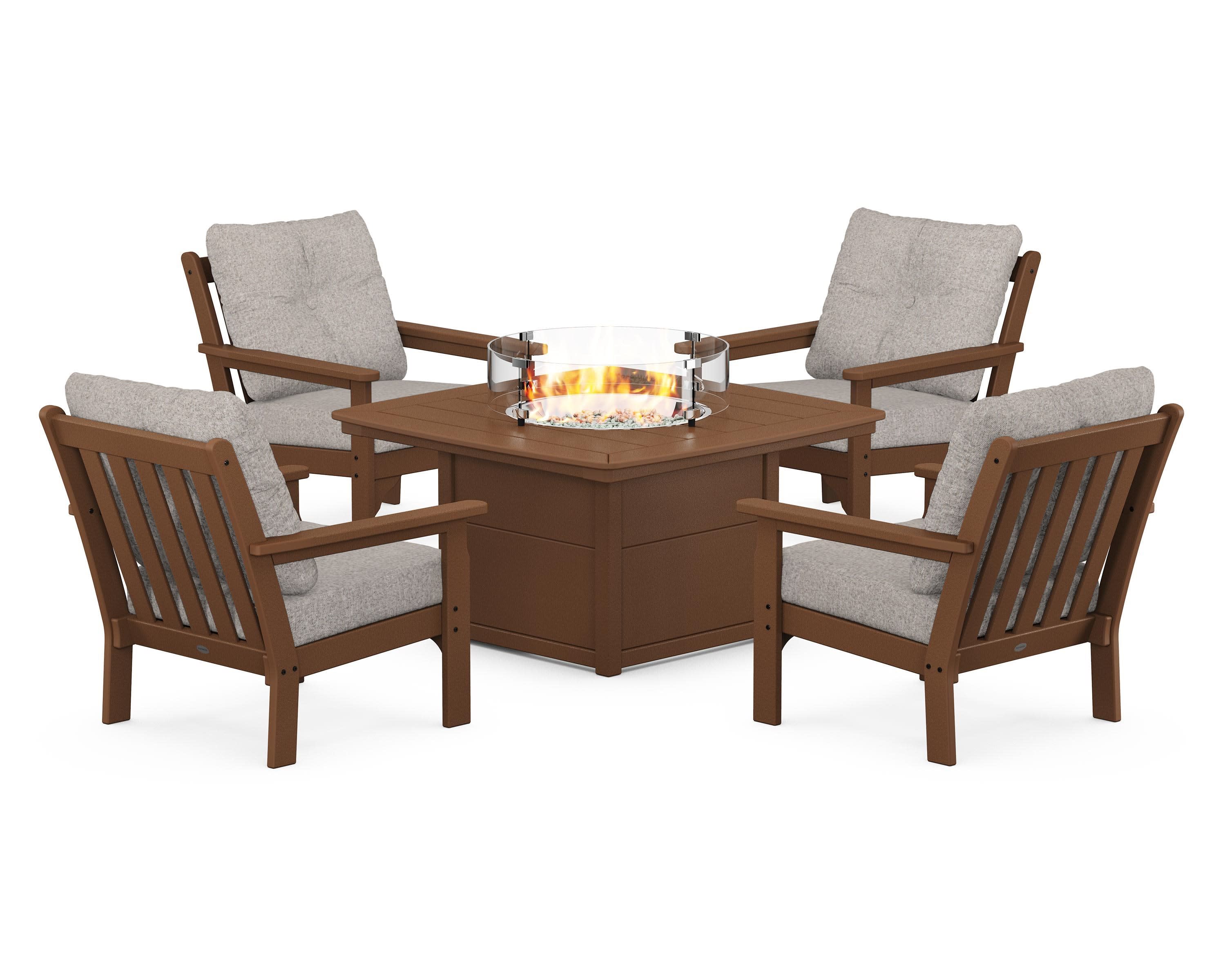 Vineyard 5-Piece Conversation Set with Fire Pit Table in Teak / Weathered Tweed