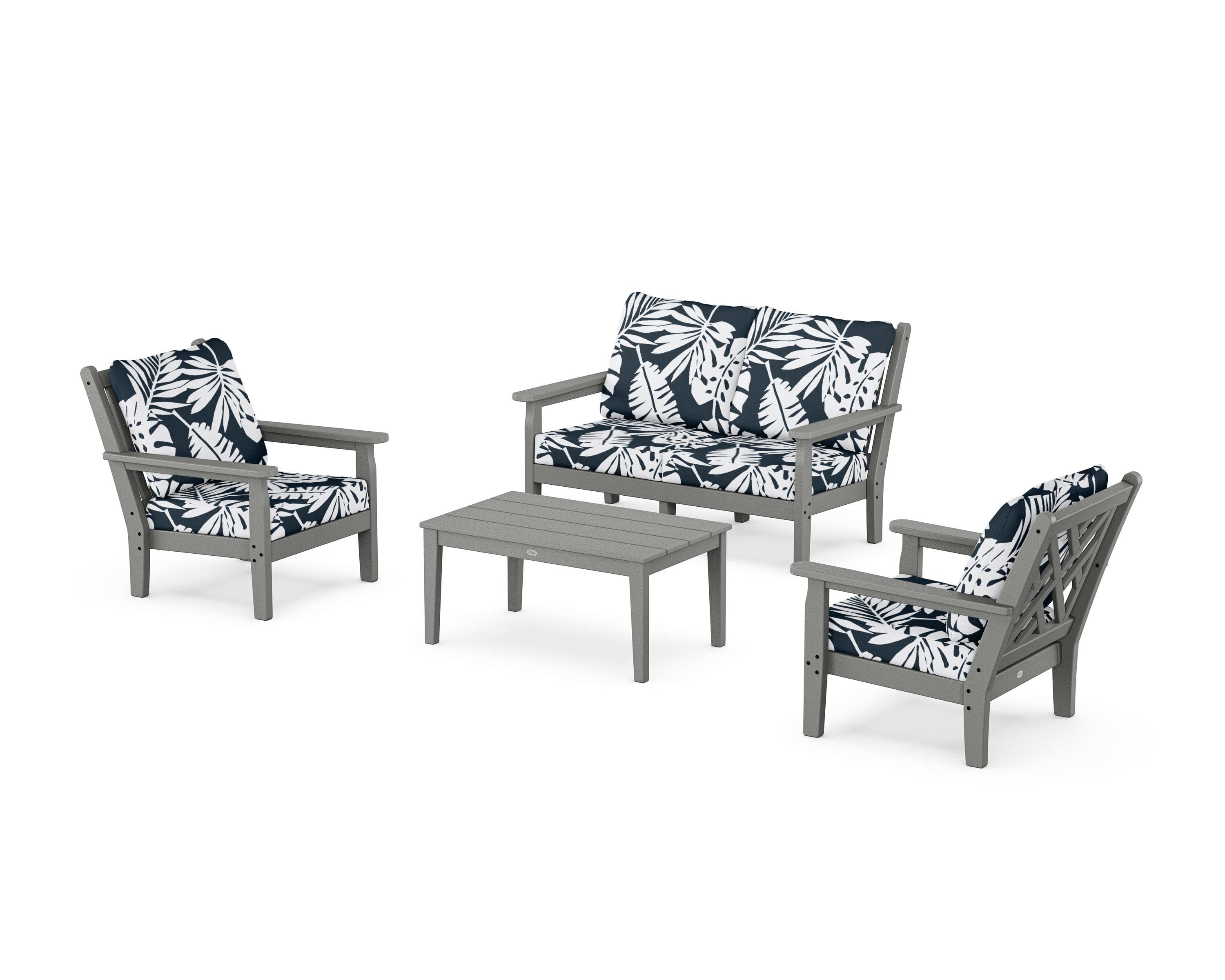 Chippendale 4-Piece Deep Seating Set with Loveseat in Slate Grey / Leaf Marine Indigo