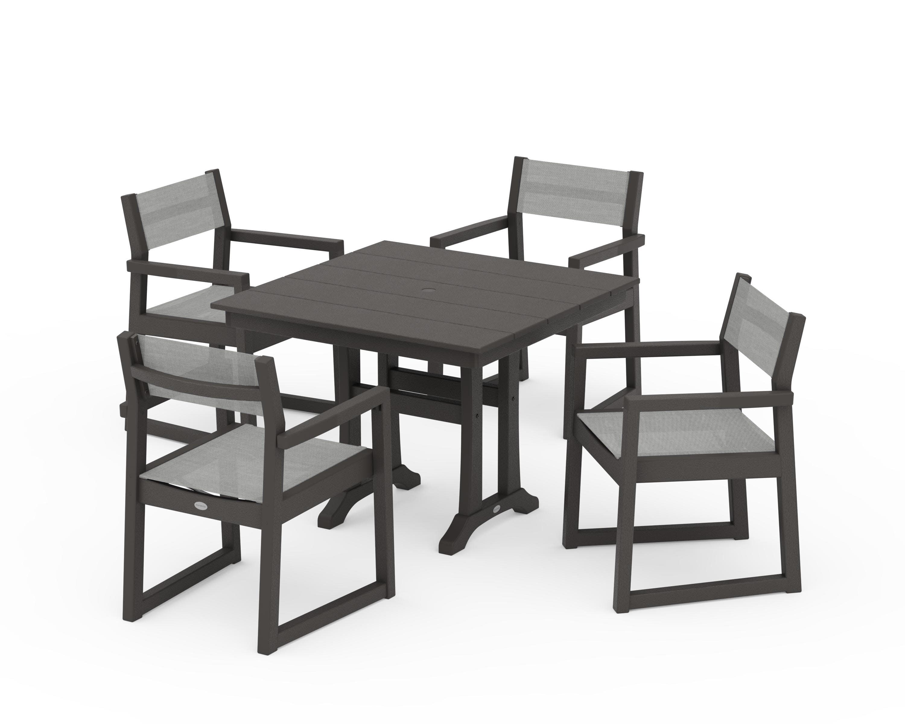 EDGE Sling 5-Piece Farmhouse Dining Set with Trestle Legs in Vintage Coffee / Metallic Sling